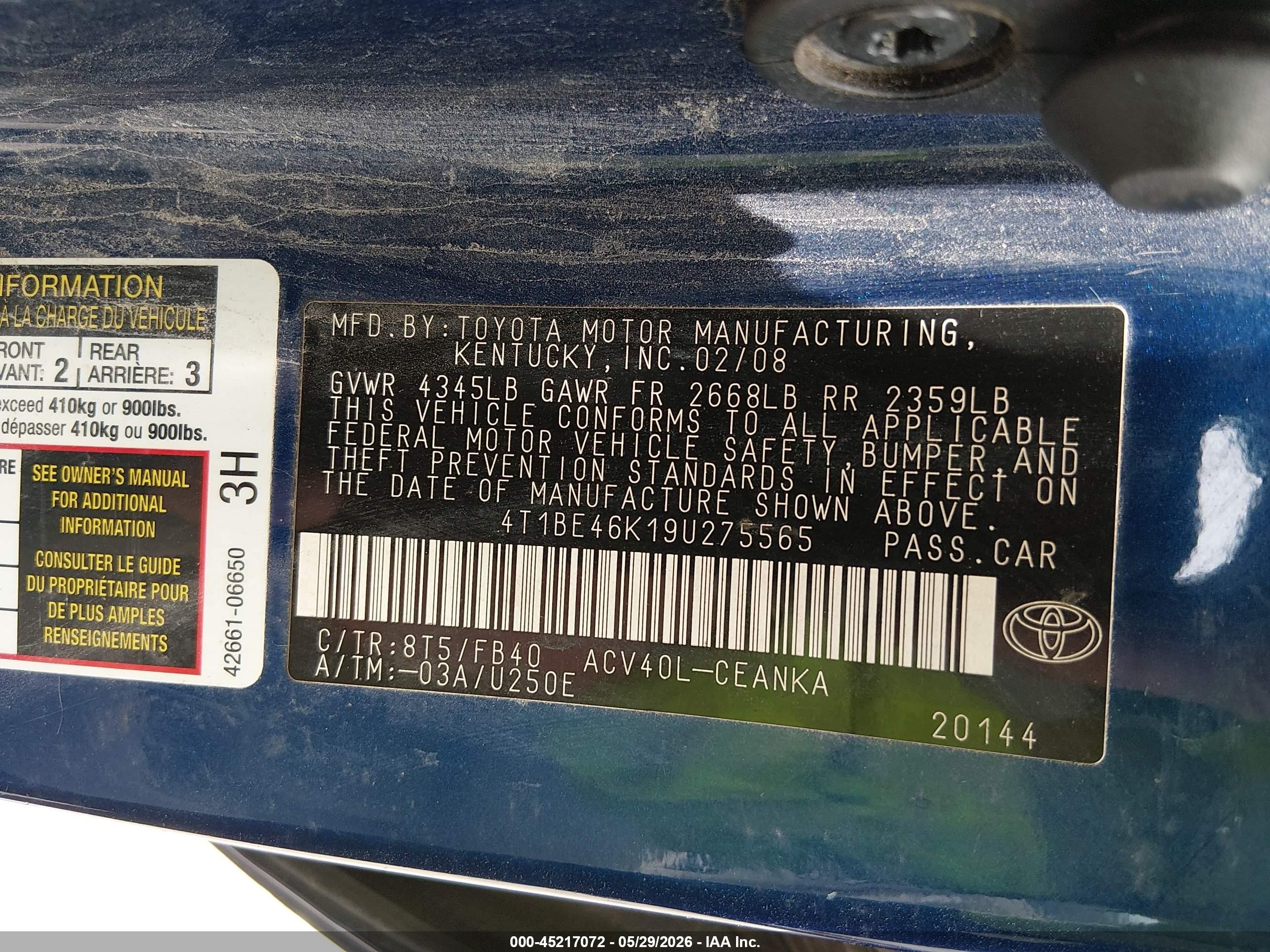 2009 Toyota Camry   Blue vin: 4T1BE46K19U275565