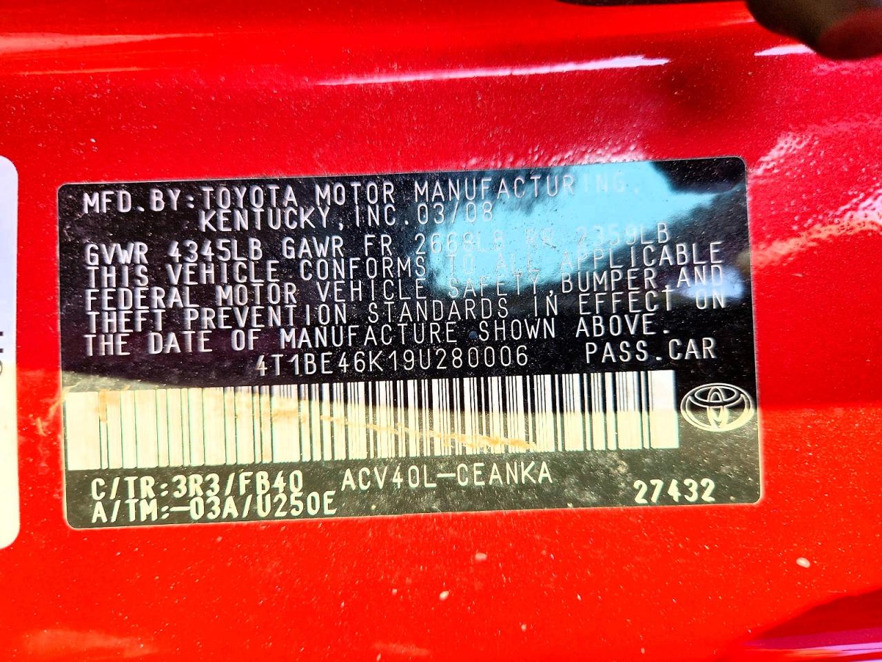 2009 Toyota Camry Le Red vin: 4T1BE46K19U280006