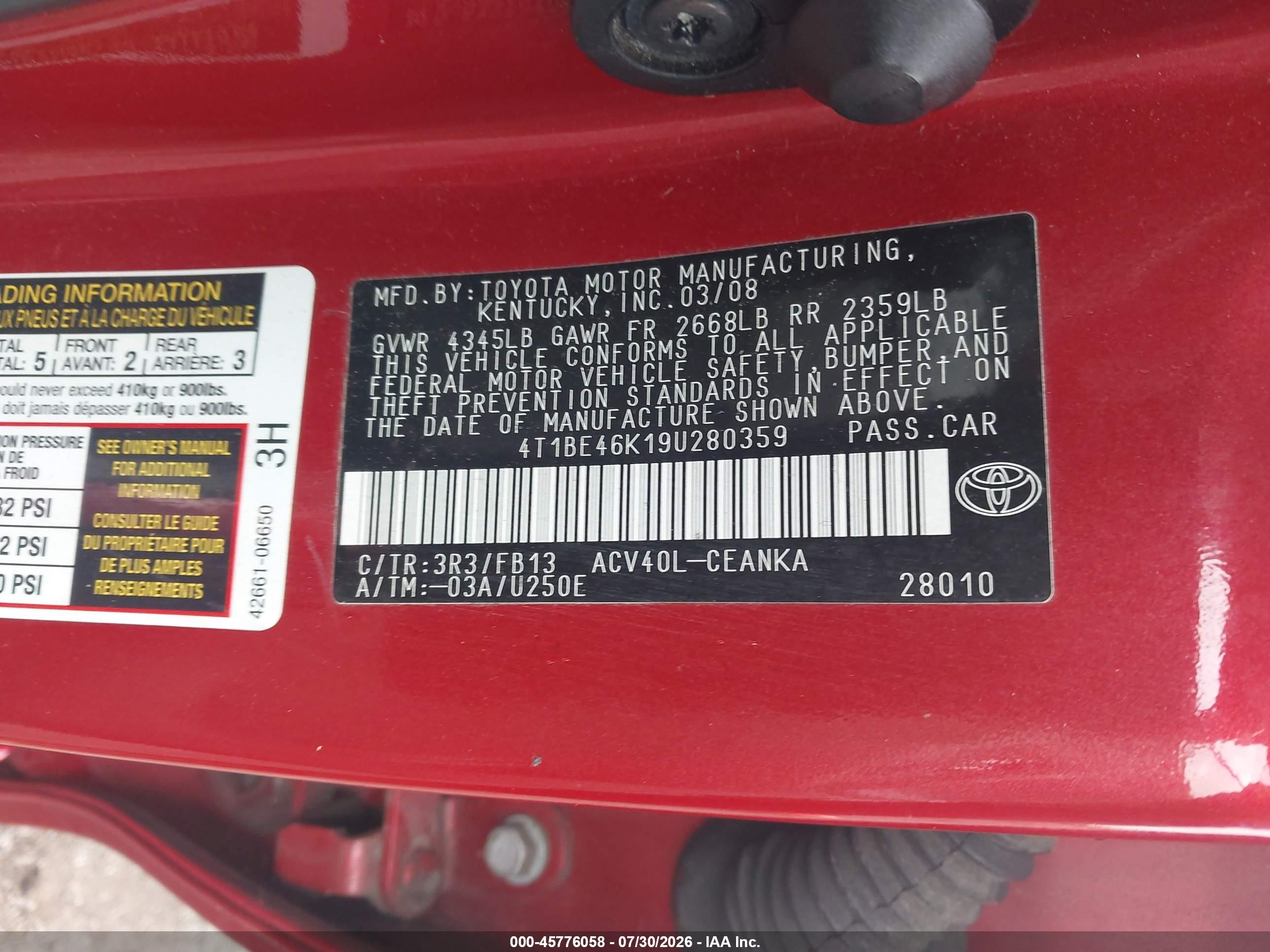 2009 Toyota Camry Le Red vin: 4T1BE46K19U280359
