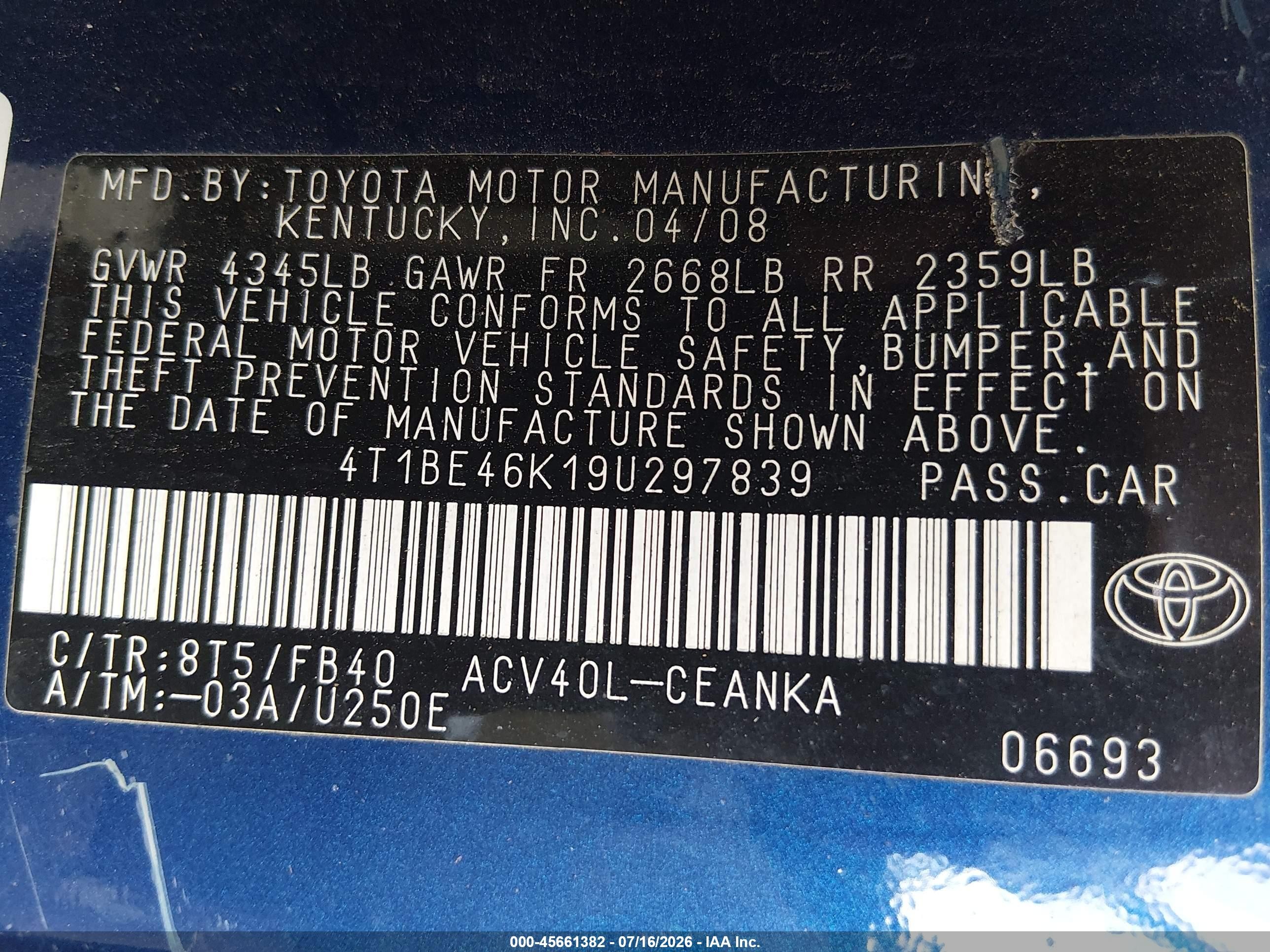 2009 Toyota Camry Le Blue vin: 4T1BE46K19U297839