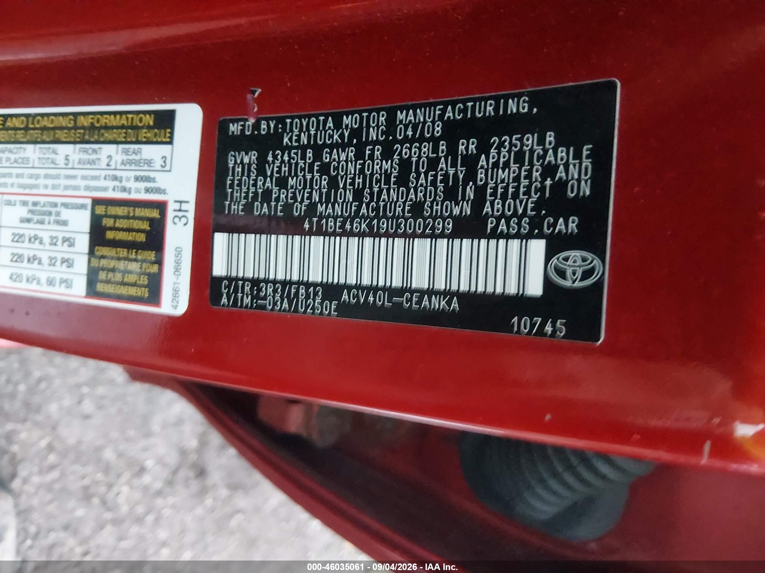 2009 Toyota Camry Le Red vin: 4T1BE46K19U300299