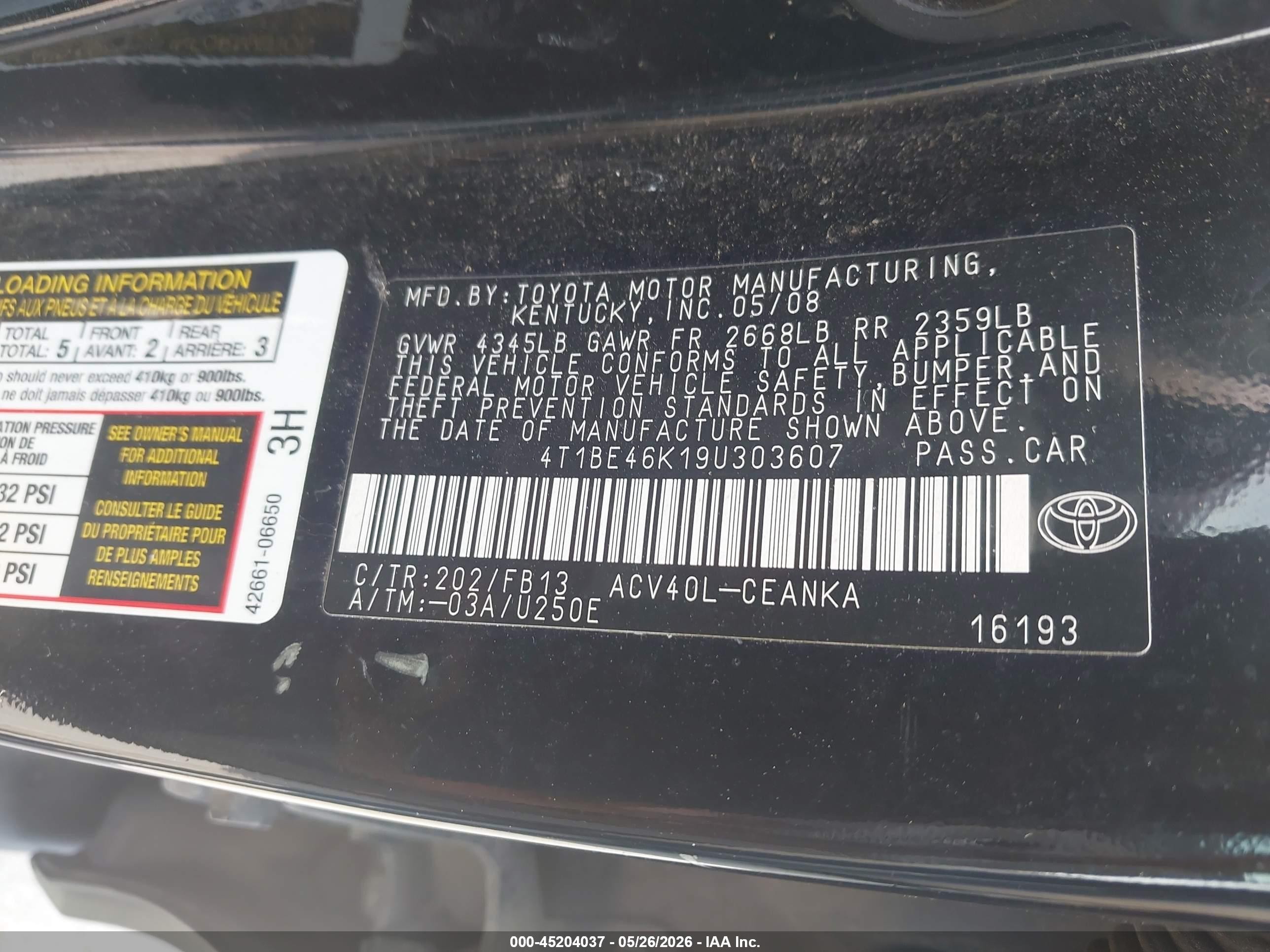 2009 Toyota Camry Le Black vin: 4T1BE46K19U303607