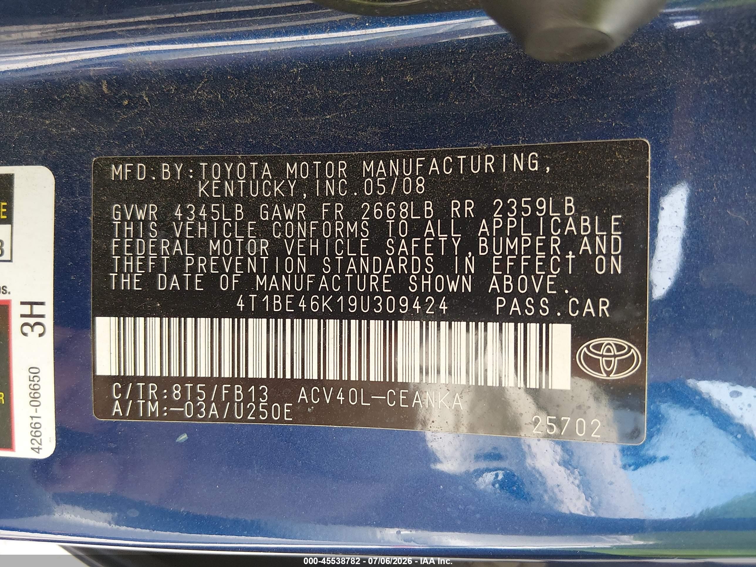 2009 Toyota Camry Le Blue vin: 4T1BE46K19U309424