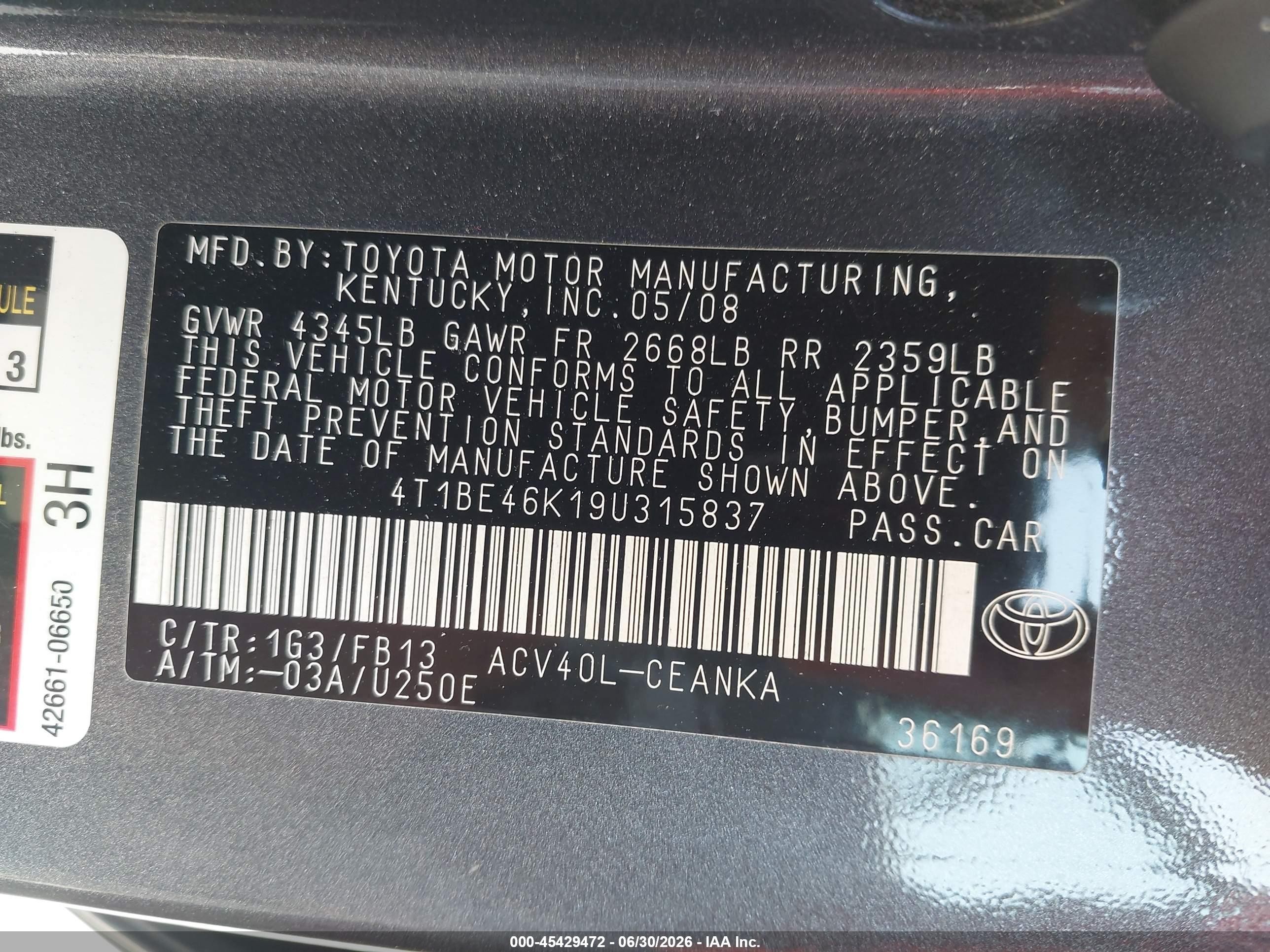 2009 Toyota Camry Le Gray vin: 4T1BE46K19U315837