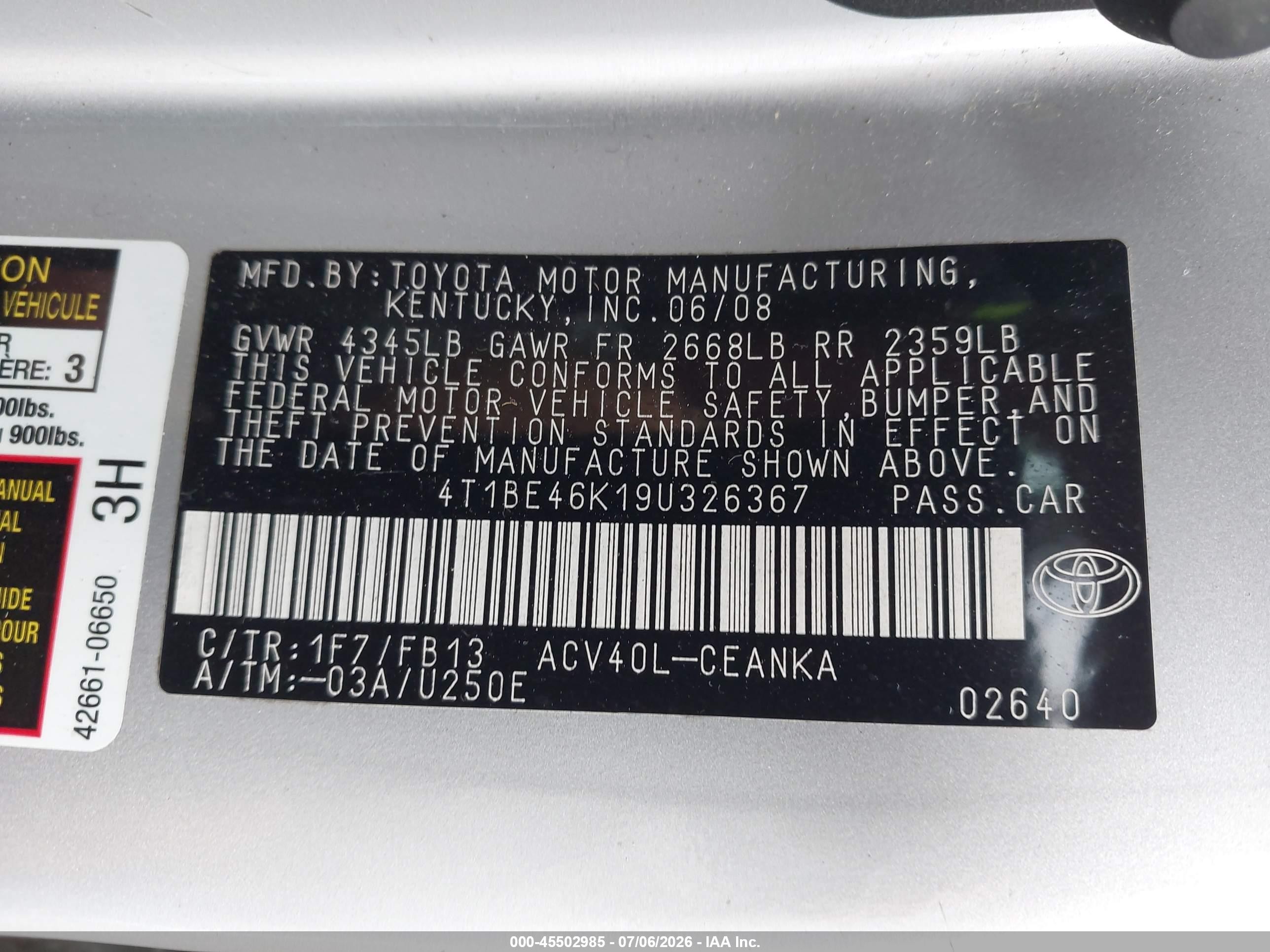 2009 Toyota Camry Le Silver vin: 4T1BE46K19U326367