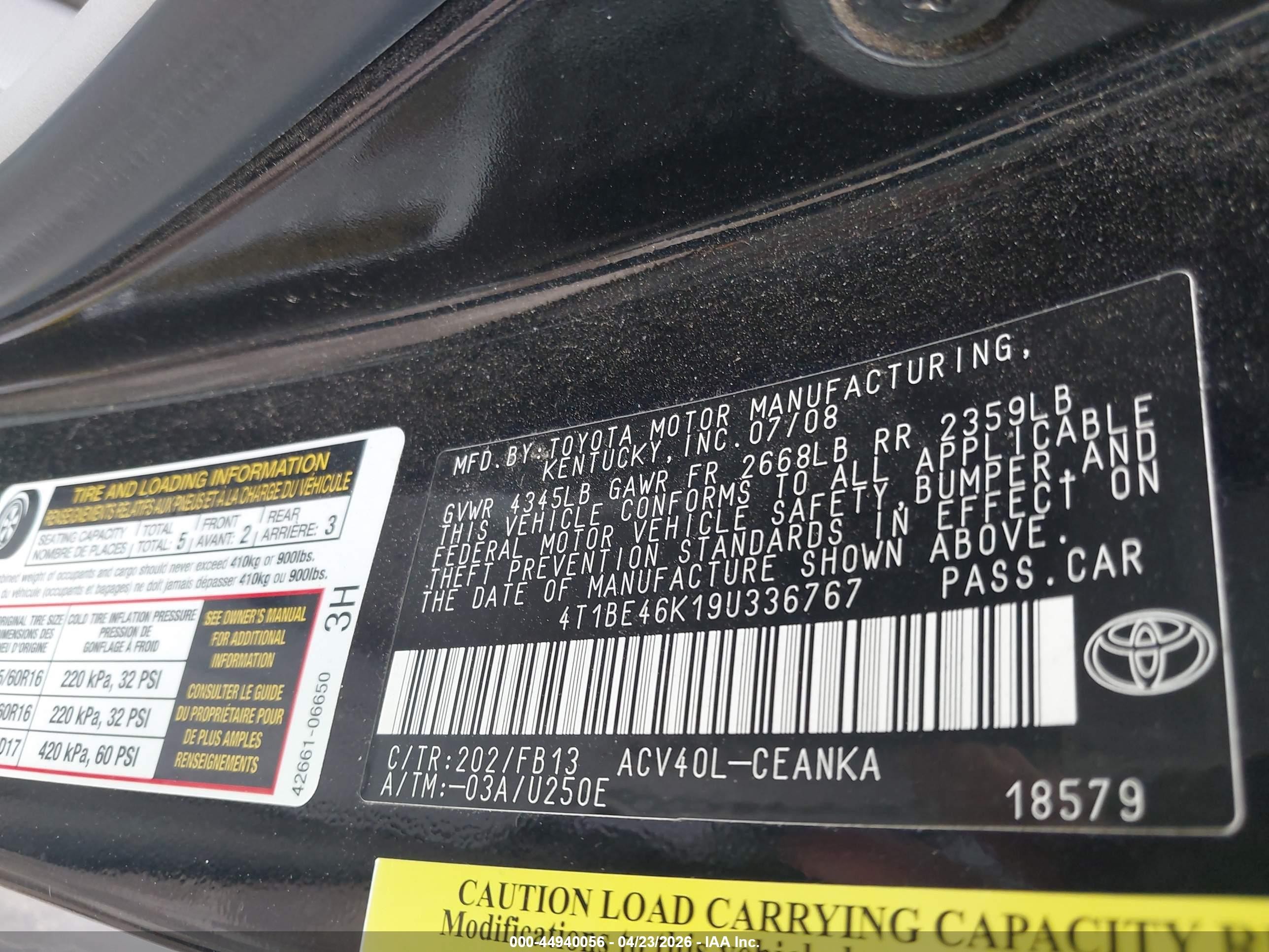 2009 Toyota Camry Le Black vin: 4T1BE46K19U336767