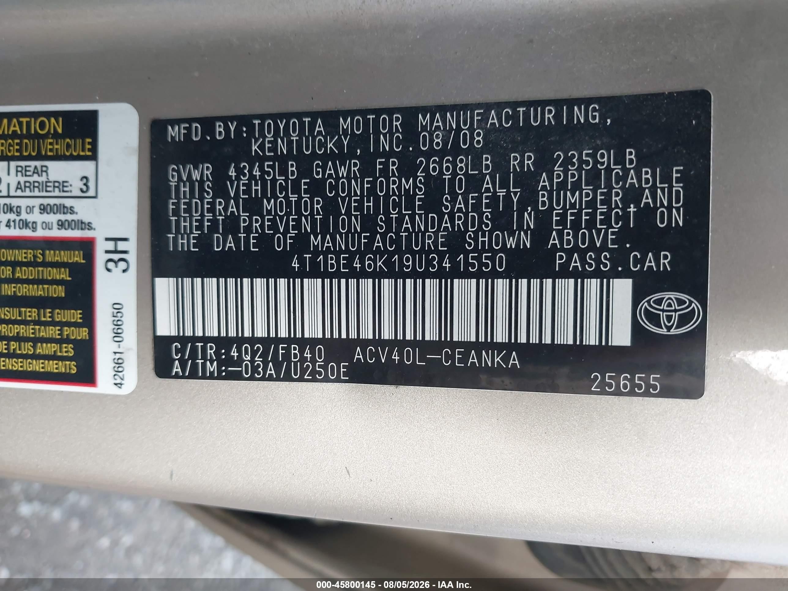 2009 Toyota Camry Le Beige vin: 4T1BE46K19U341550
