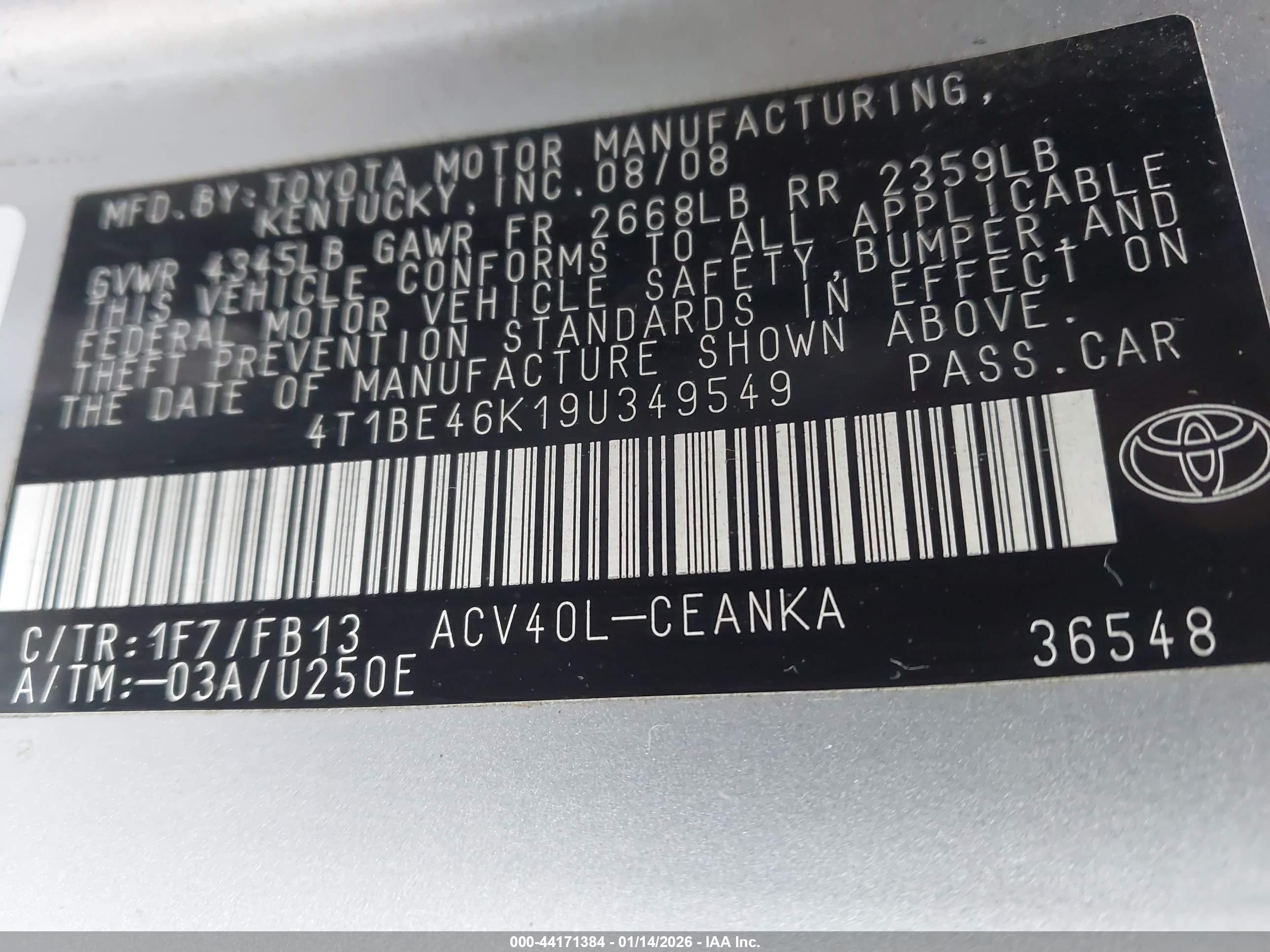 2009 Toyota Camry Le Silver vin: 4T1BE46K19U349549