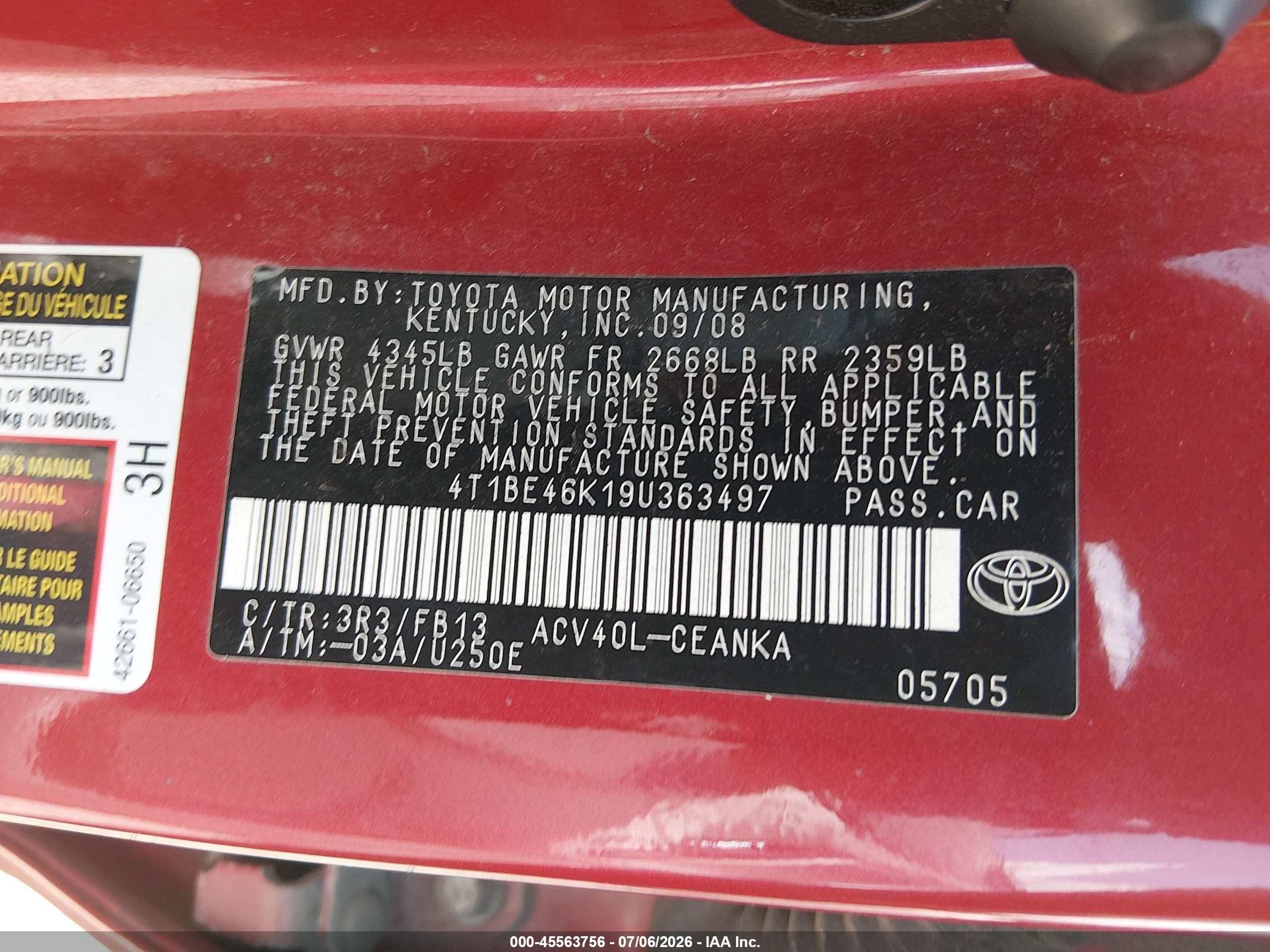 2009 Toyota Camry Le Red vin: 4T1BE46K19U363497