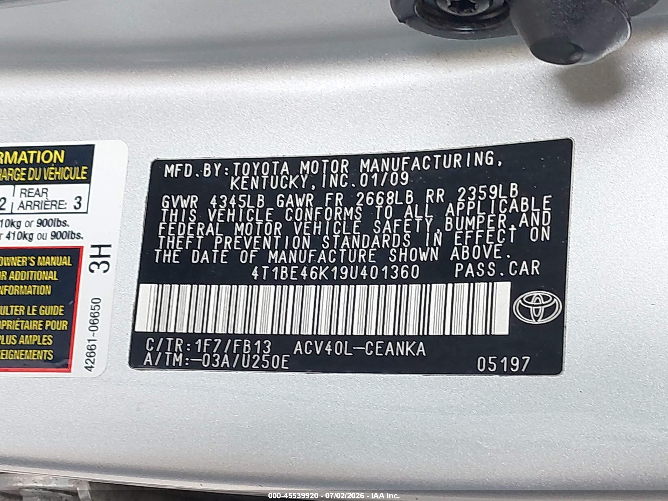 2009 Toyota Camry Le Silver vin: 4T1BE46K19U401360