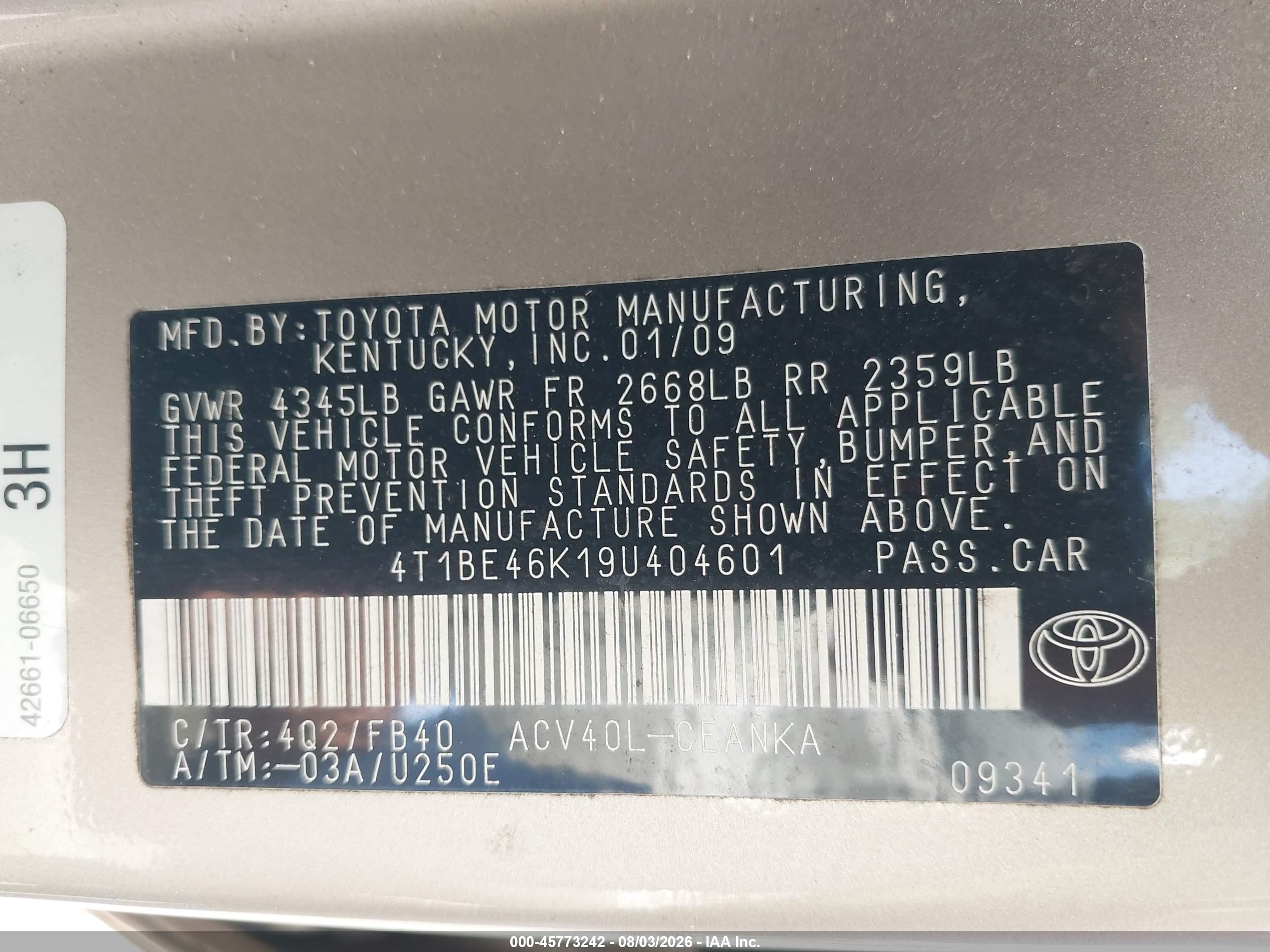 2009 Toyota Camry Gold vin: 4T1BE46K19U404601