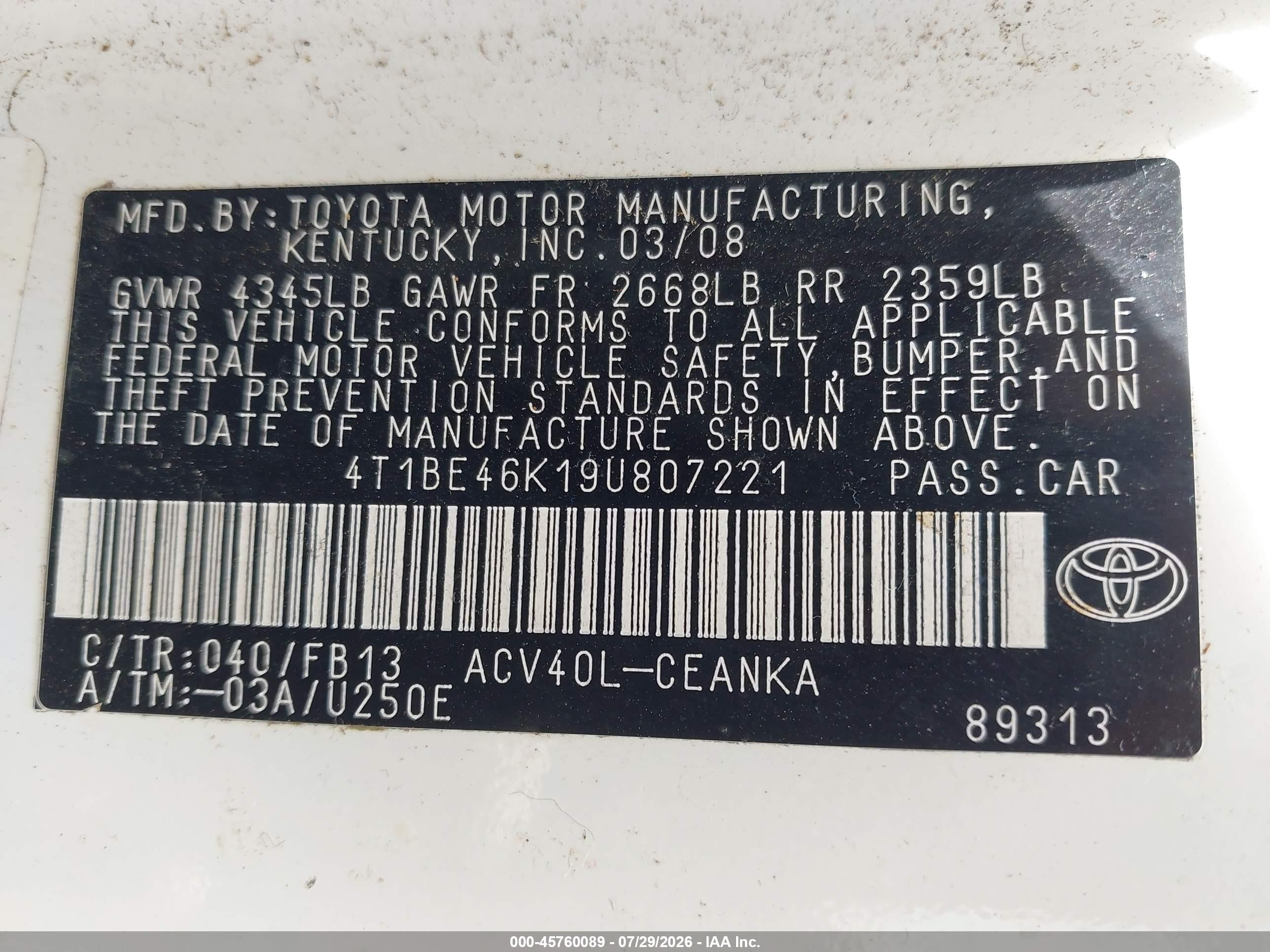 2009 Toyota Camry Le White vin: 4T1BE46K19U807221