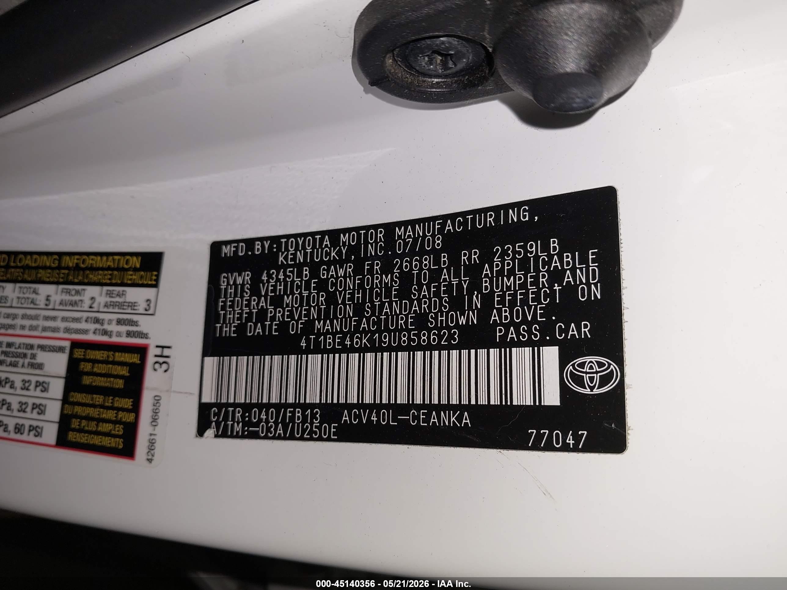2009 Toyota Camry Le White vin: 4T1BE46K19U858623