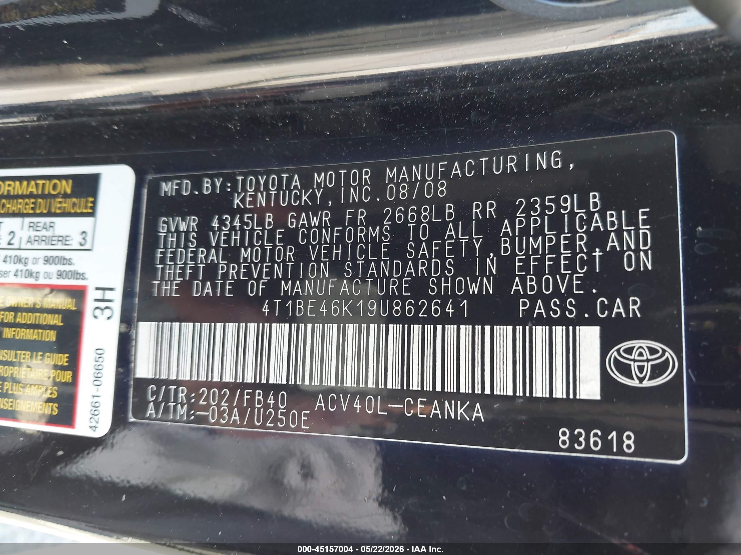 2009 Toyota Camry Le Black vin: 4T1BE46K19U862641