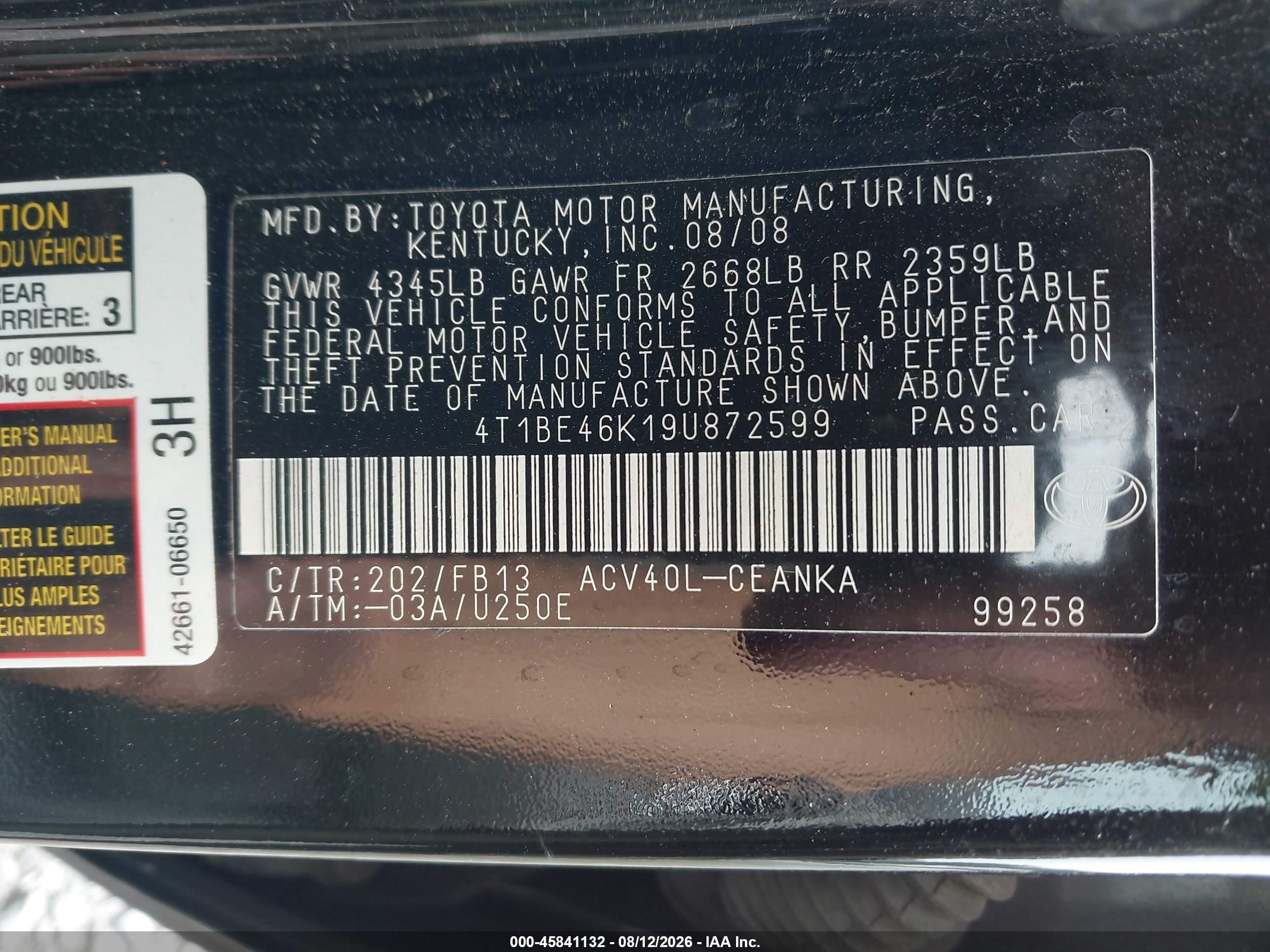 2009 Toyota Camry Le Черный vin: 4T1BE46K19U872599