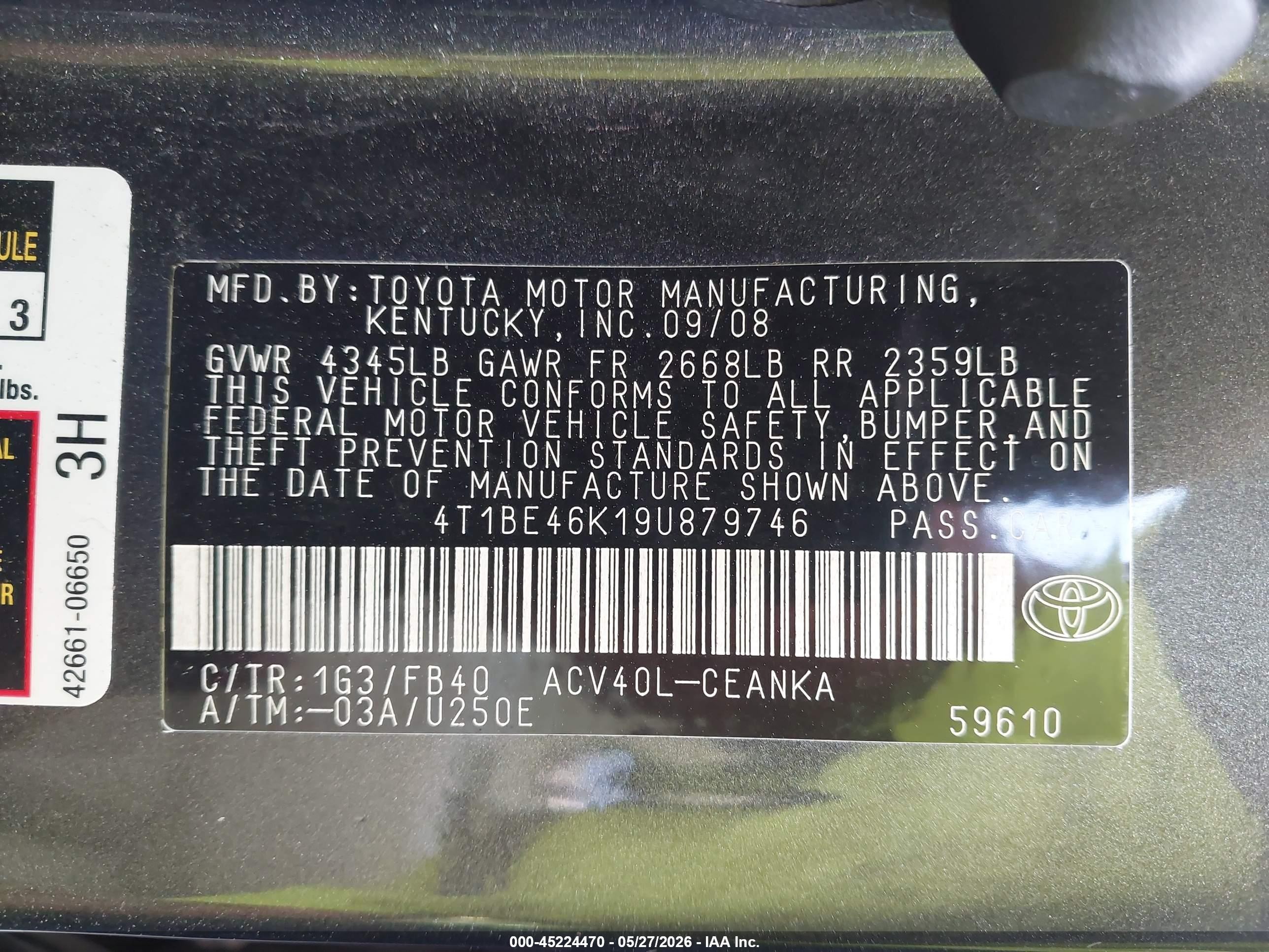 2009 Toyota Camry Le Черный vin: 4T1BE46K19U879746