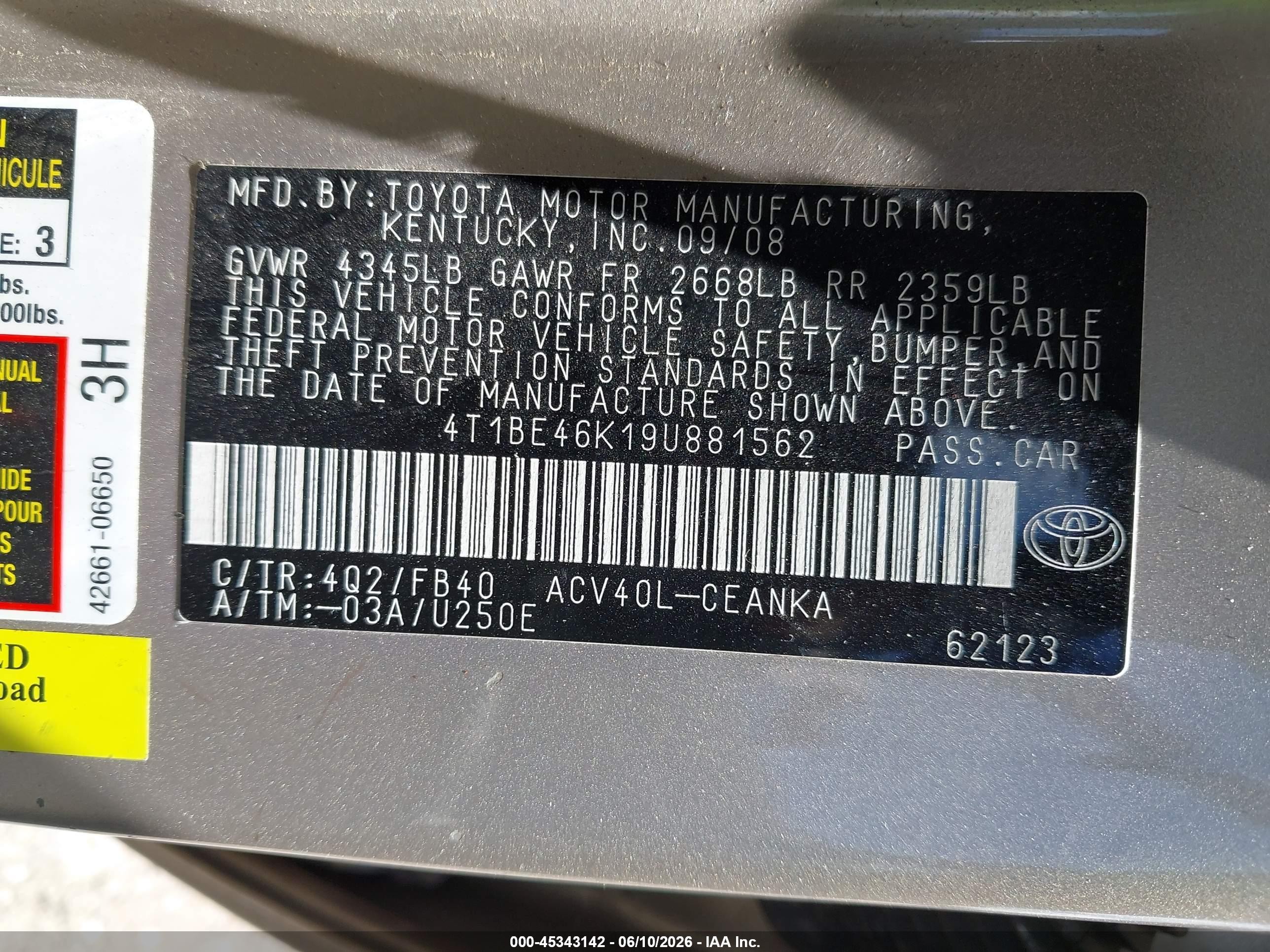 2009 Toyota Camry Gold vin: 4T1BE46K19U881562