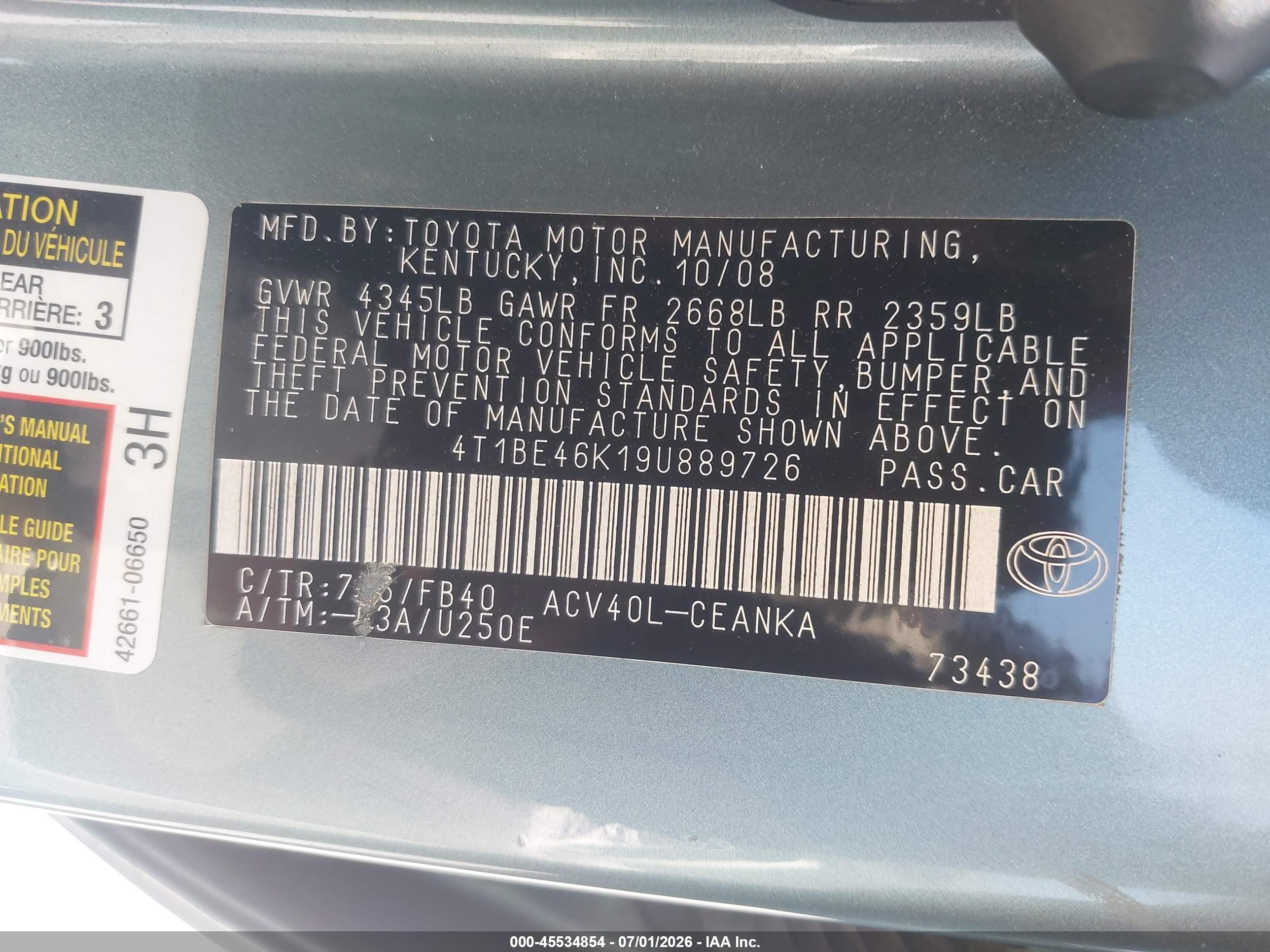 2009 Toyota Camry Le Green vin: 4T1BE46K19U889726