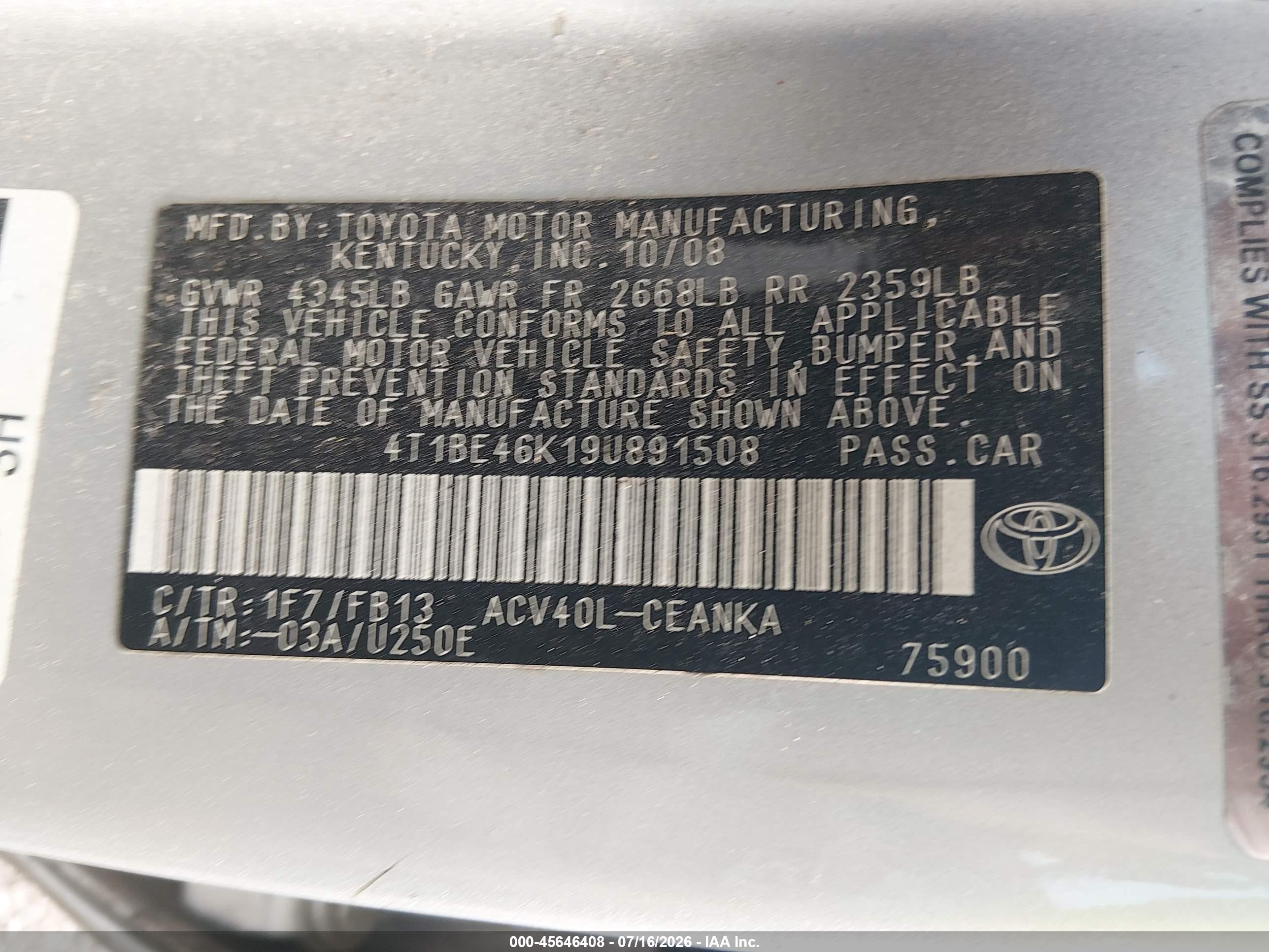 2009 Toyota Camry Le Silver vin: 4T1BE46K19U891508