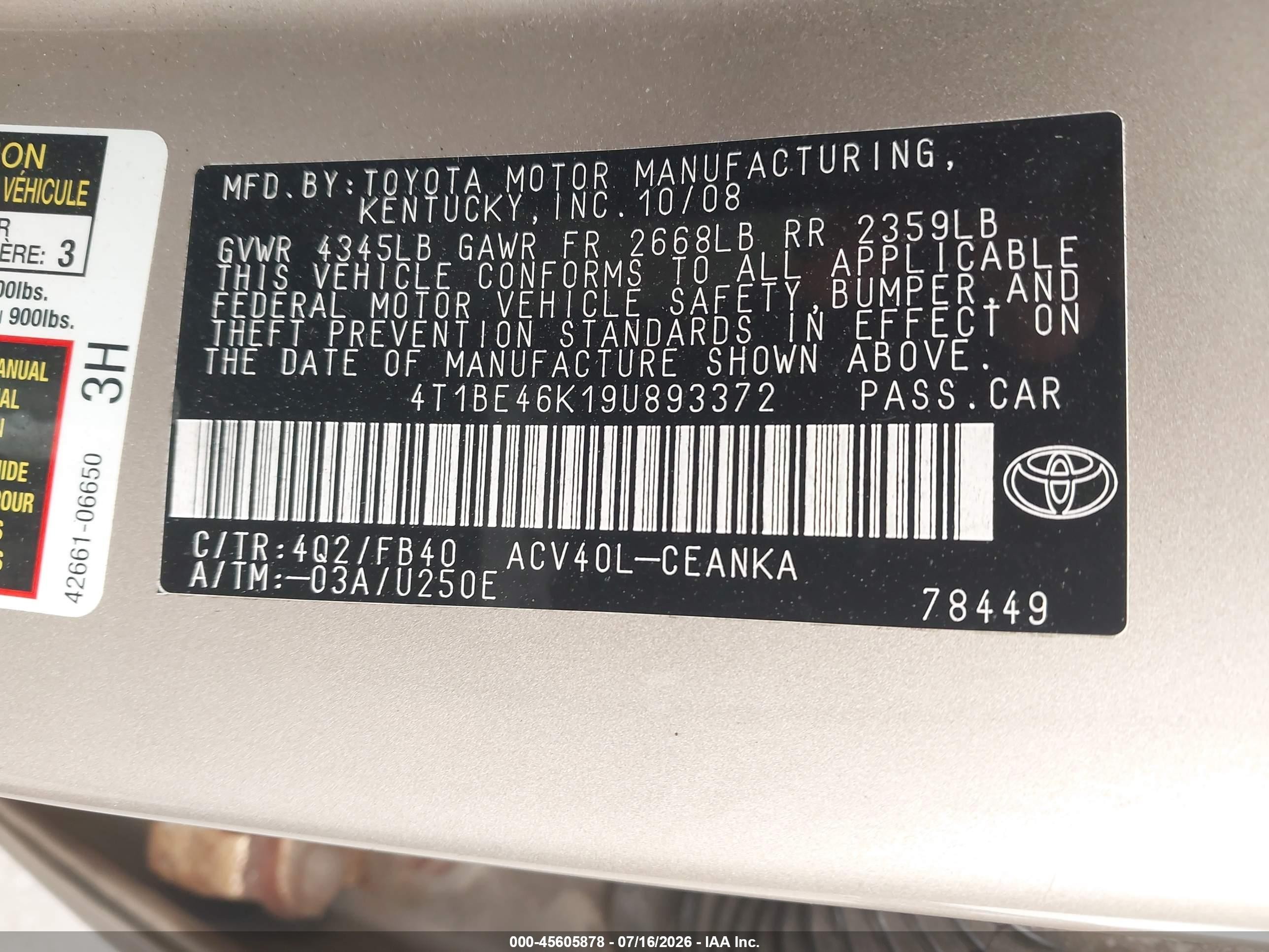 2009 Toyota Camry Le Gray vin: 4T1BE46K19U893372