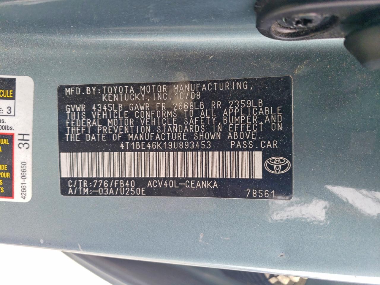 2009 Toyota Camry Le Teal vin: 4T1BE46K19U893453