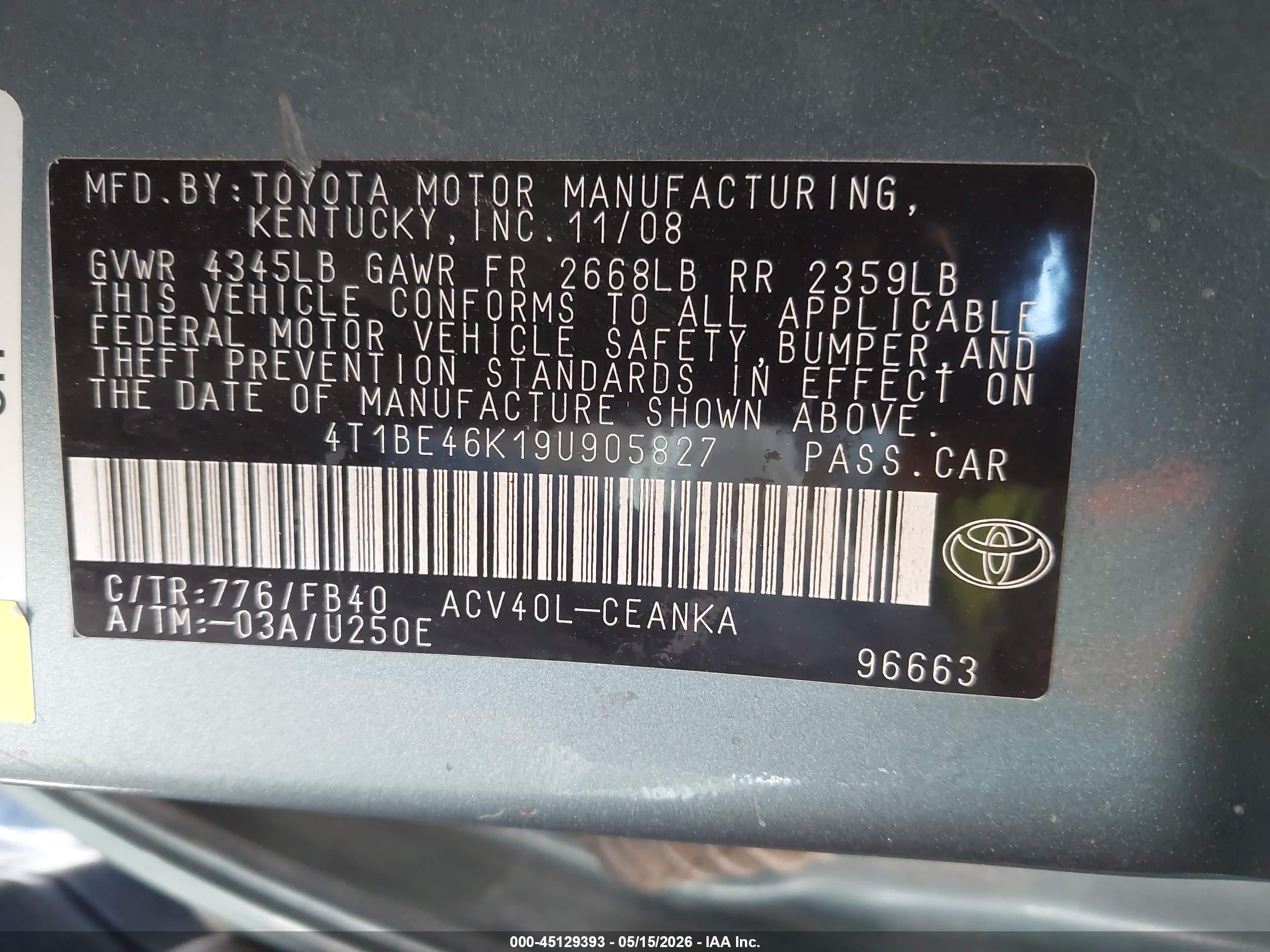 2009 Toyota Camry Le Light Blue vin: 4T1BE46K19U905827