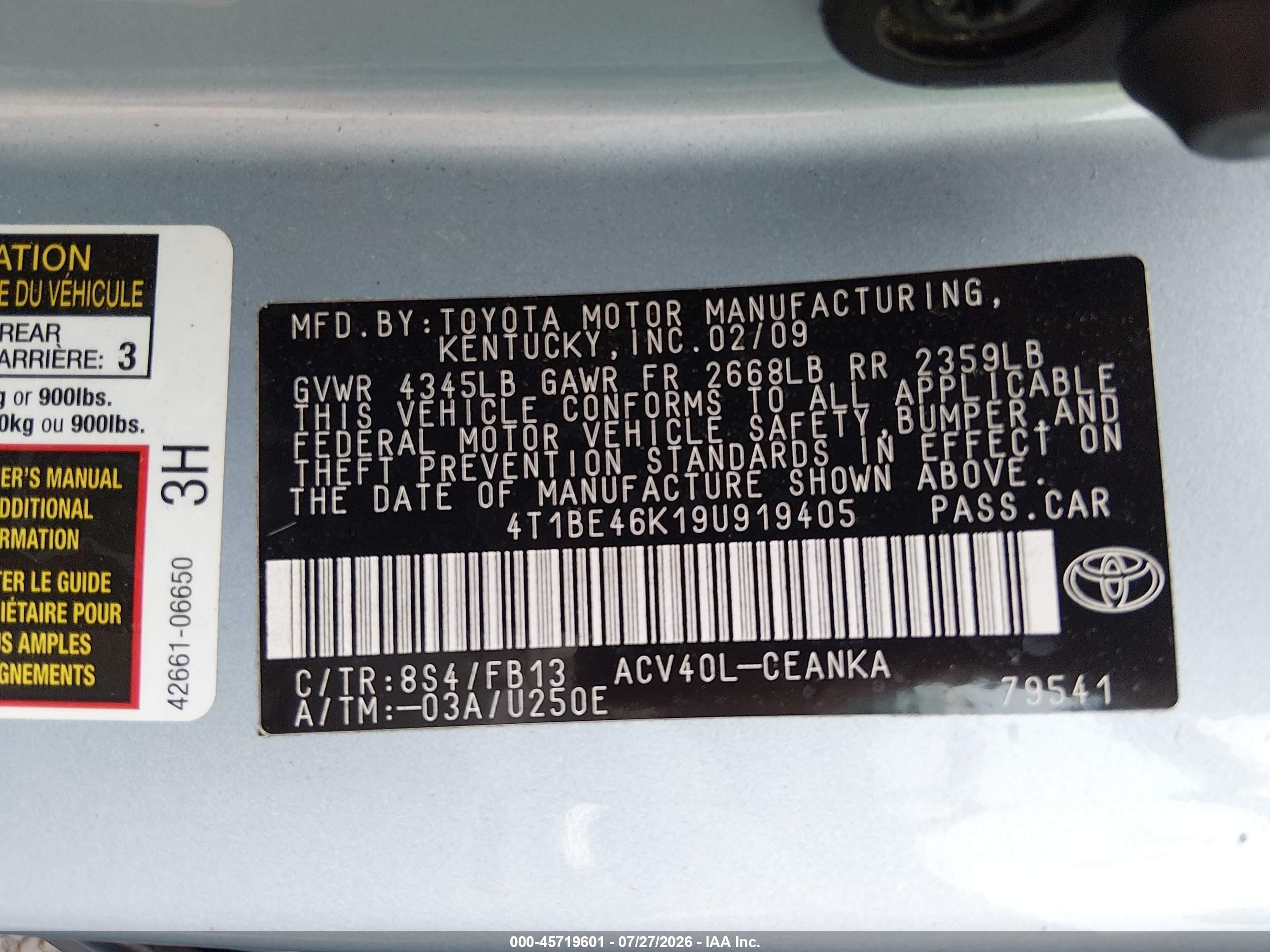 2009 Toyota Camry Le Gray vin: 4T1BE46K19U919405