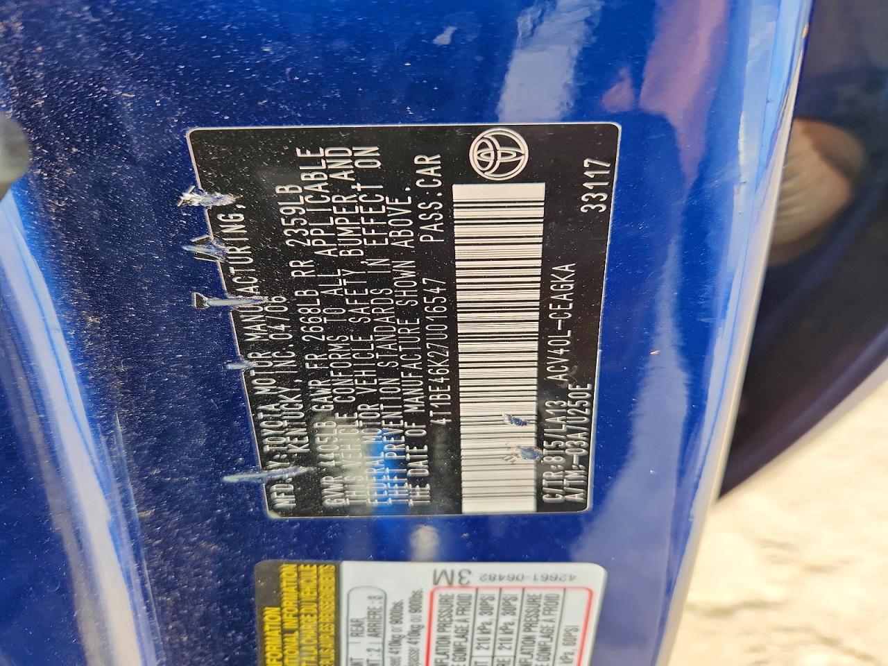 2007 Toyota Camry Xle Blue vin: 4T1BE46K27U016547