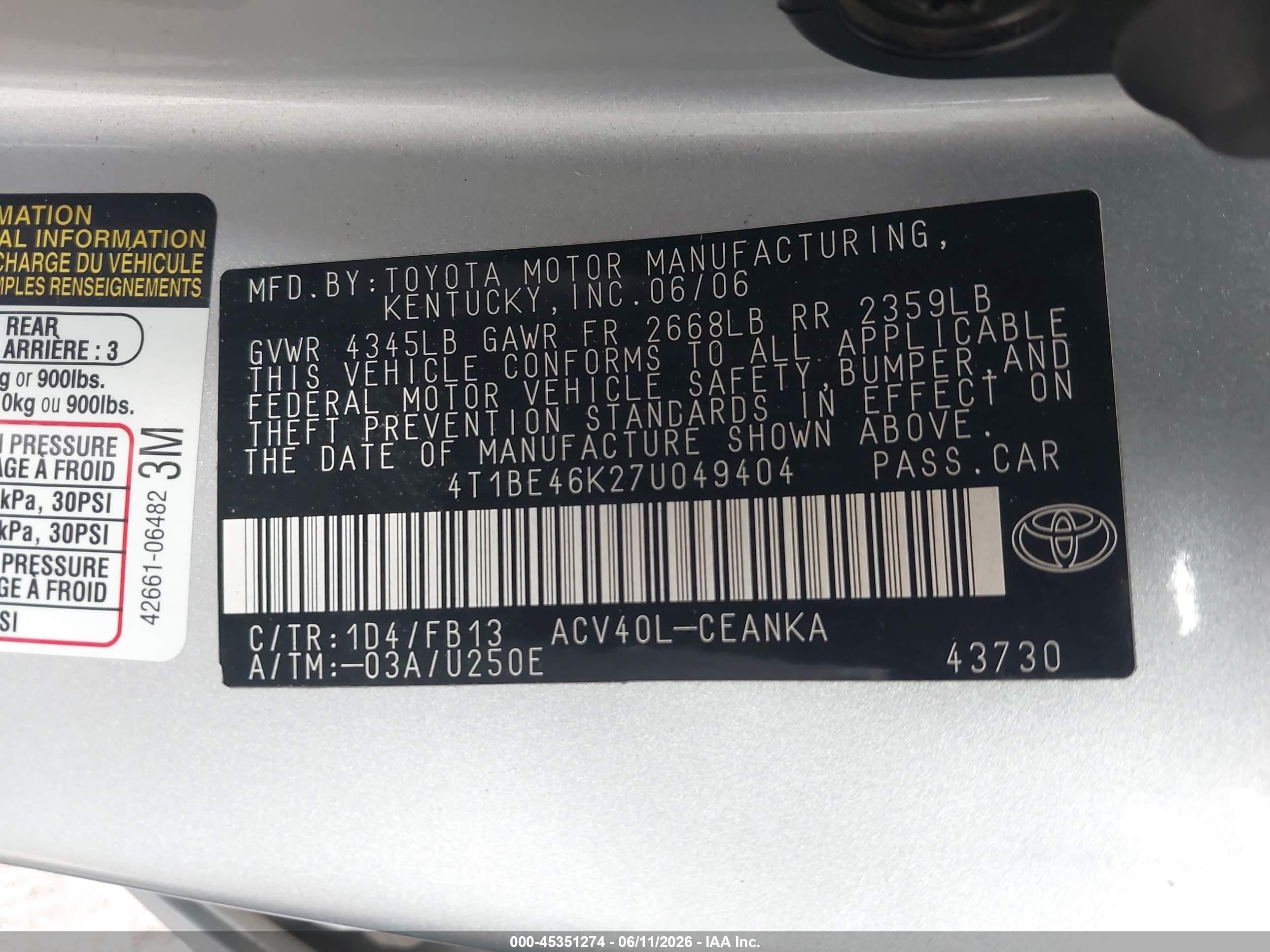 2007 Toyota Camry Le Silver vin: 4T1BE46K27U049404