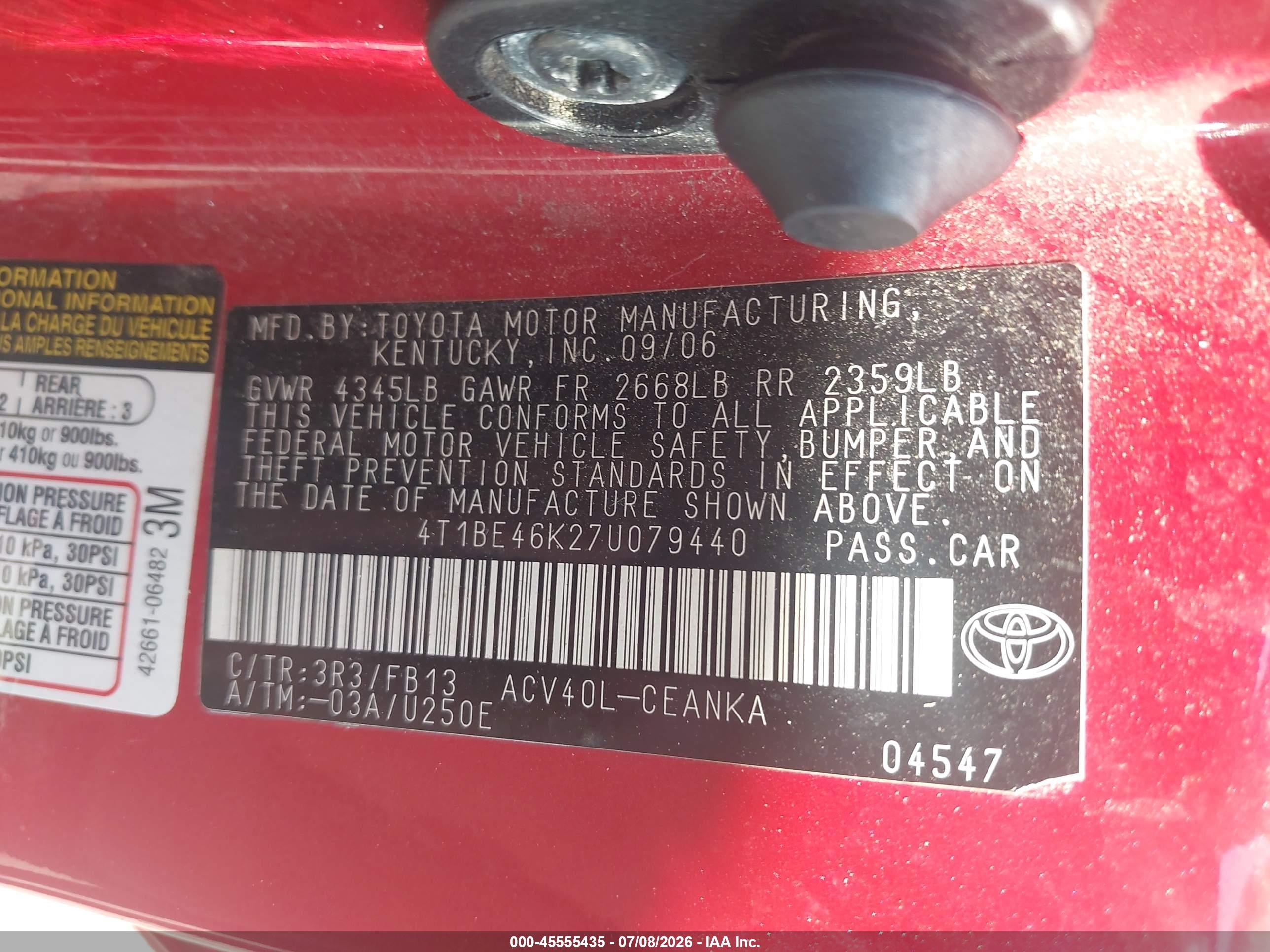 2007 Toyota Camry Le Красный vin: 4T1BE46K27U079440