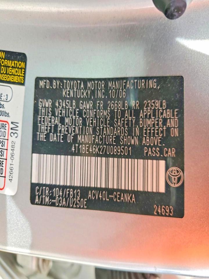 2007 Toyota Camry Le Silver vin: 4T1BE46K27U089501