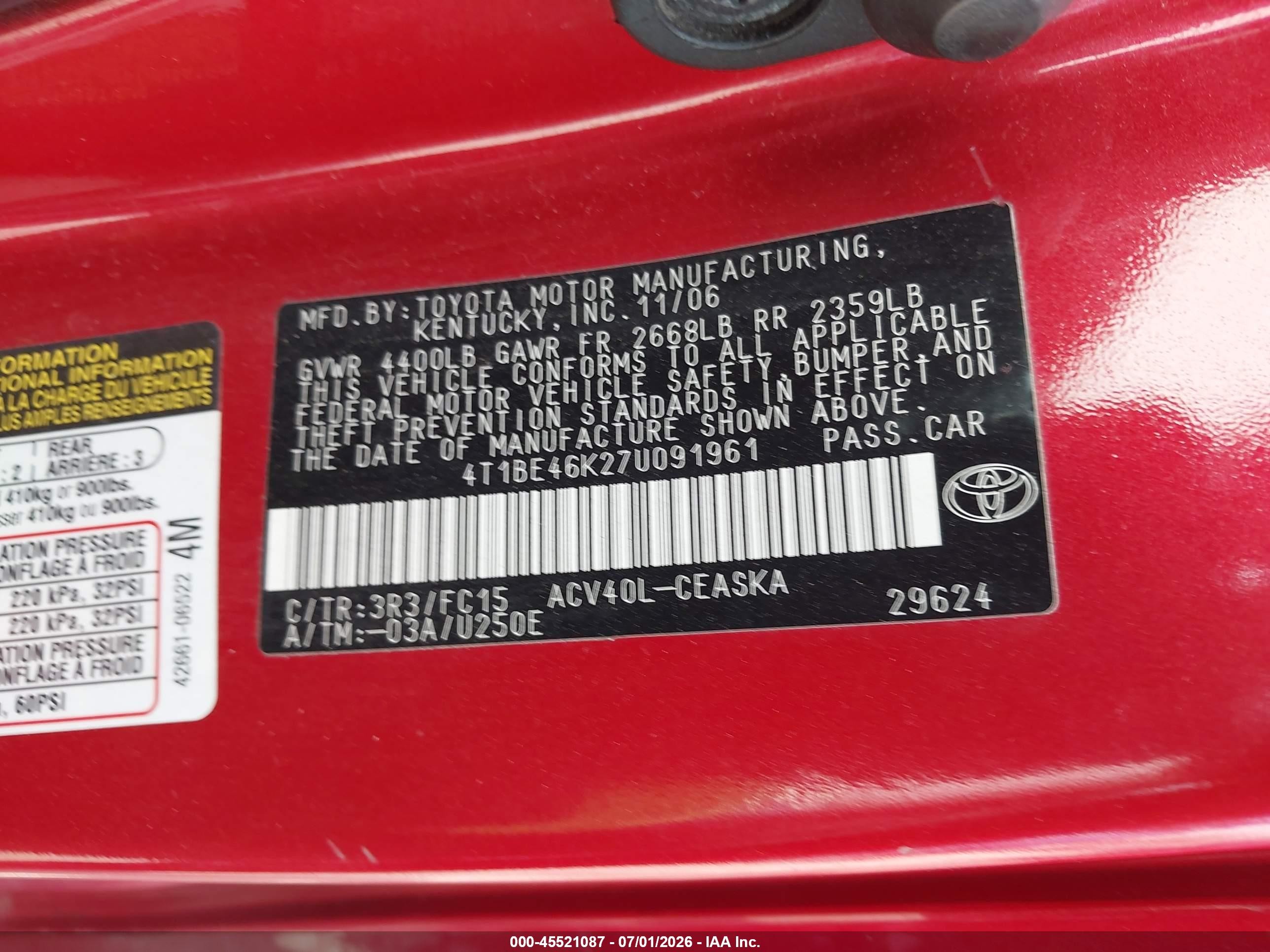 2007 Toyota Camry Se Red vin: 4T1BE46K27U091961