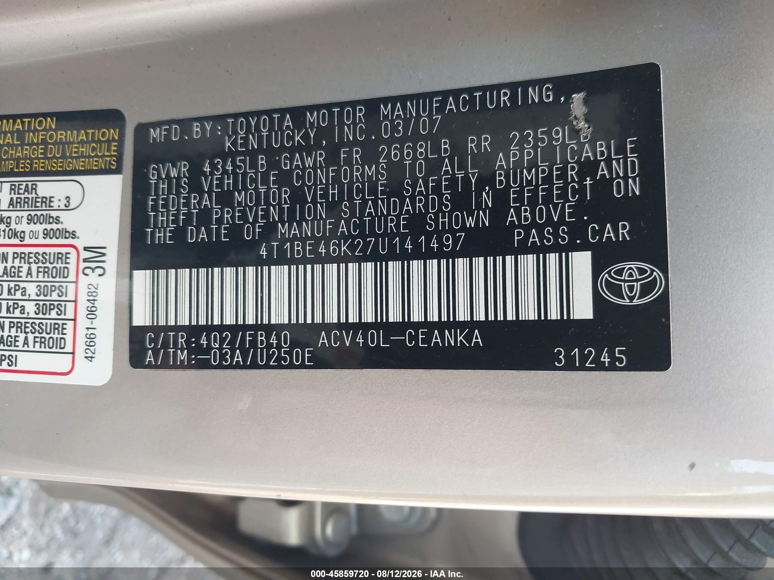 2007 Toyota Camry Le Gold vin: 4T1BE46K27U141497