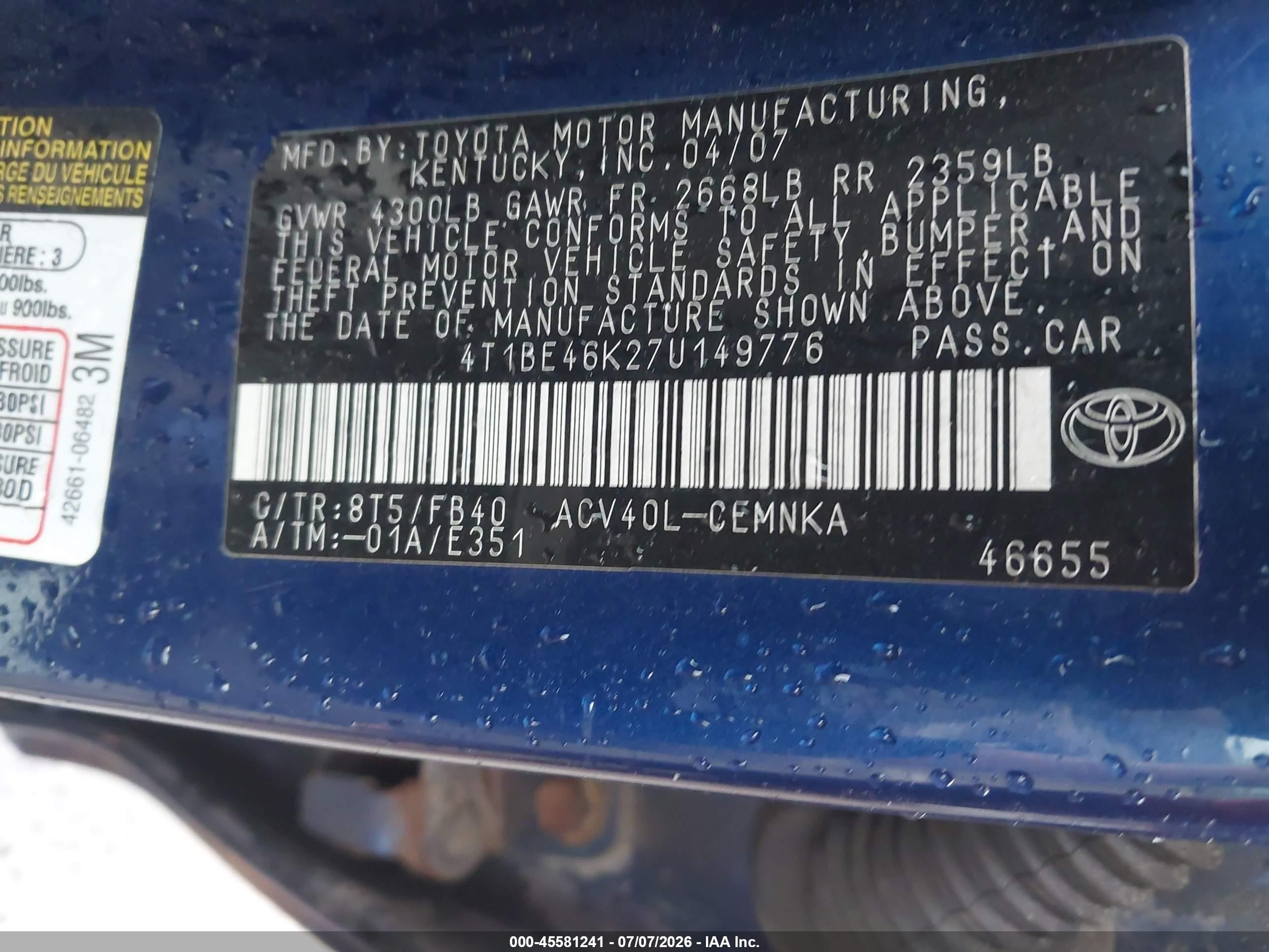 2007 Toyota Camry Ce Blue vin: 4T1BE46K27U149776