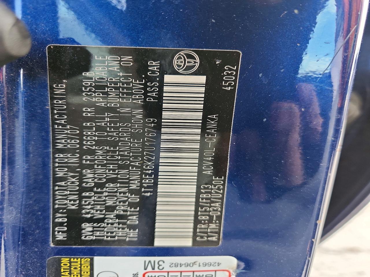 2007 Toyota Camry Le Blue vin: 4T1BE46K27U176749