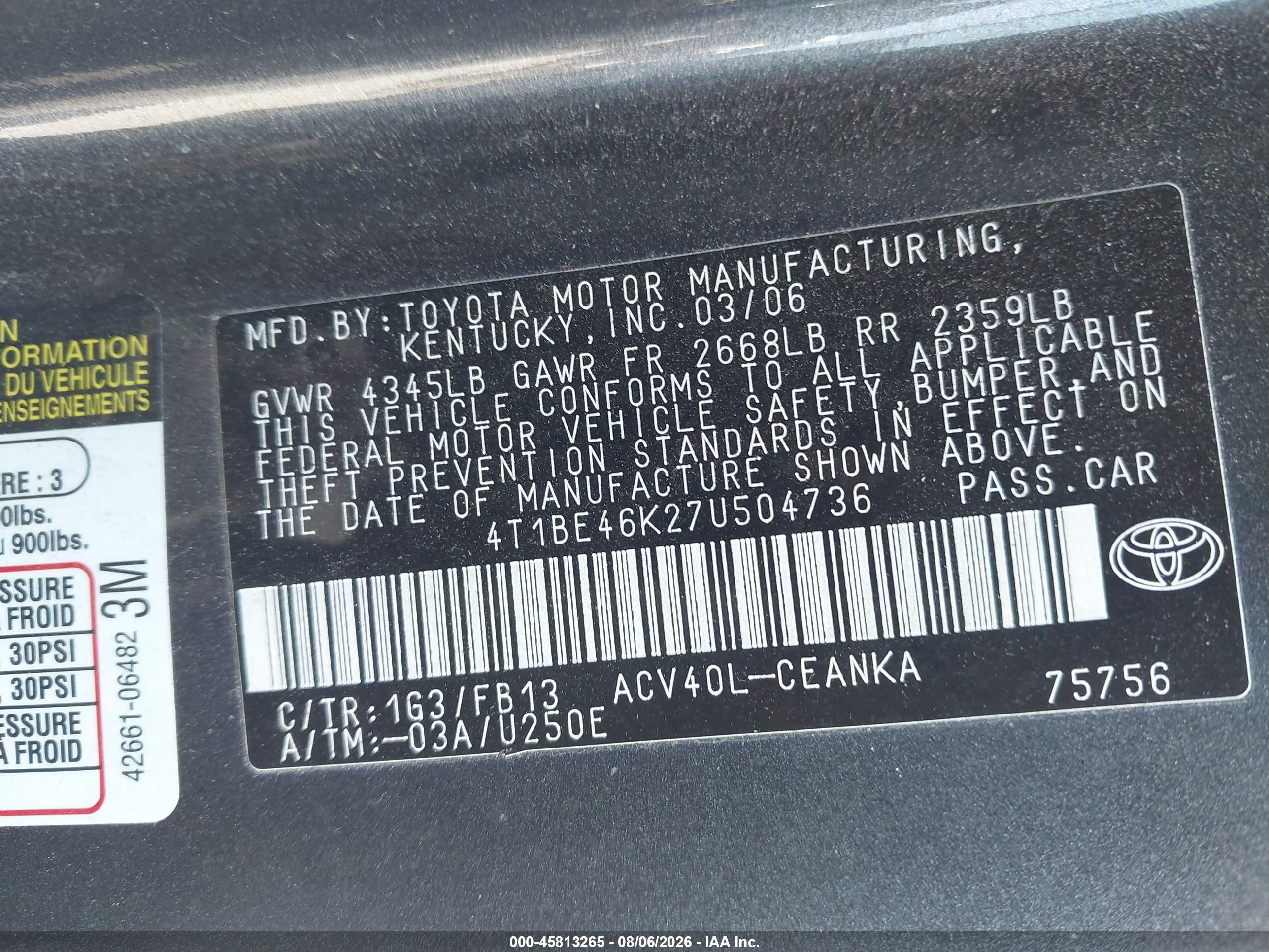 2007 Toyota Camry Le Gray vin: 4T1BE46K27U504736