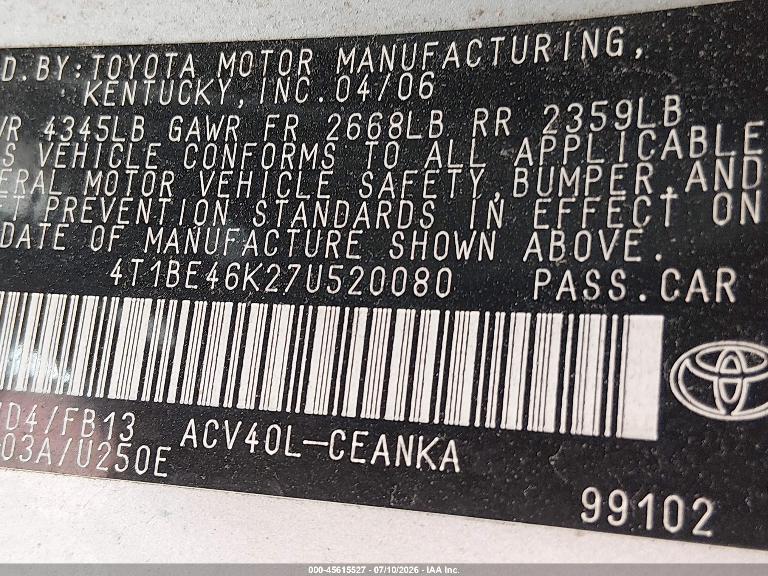 2007 Toyota Camry Le Серебряный vin: 4T1BE46K27U520080