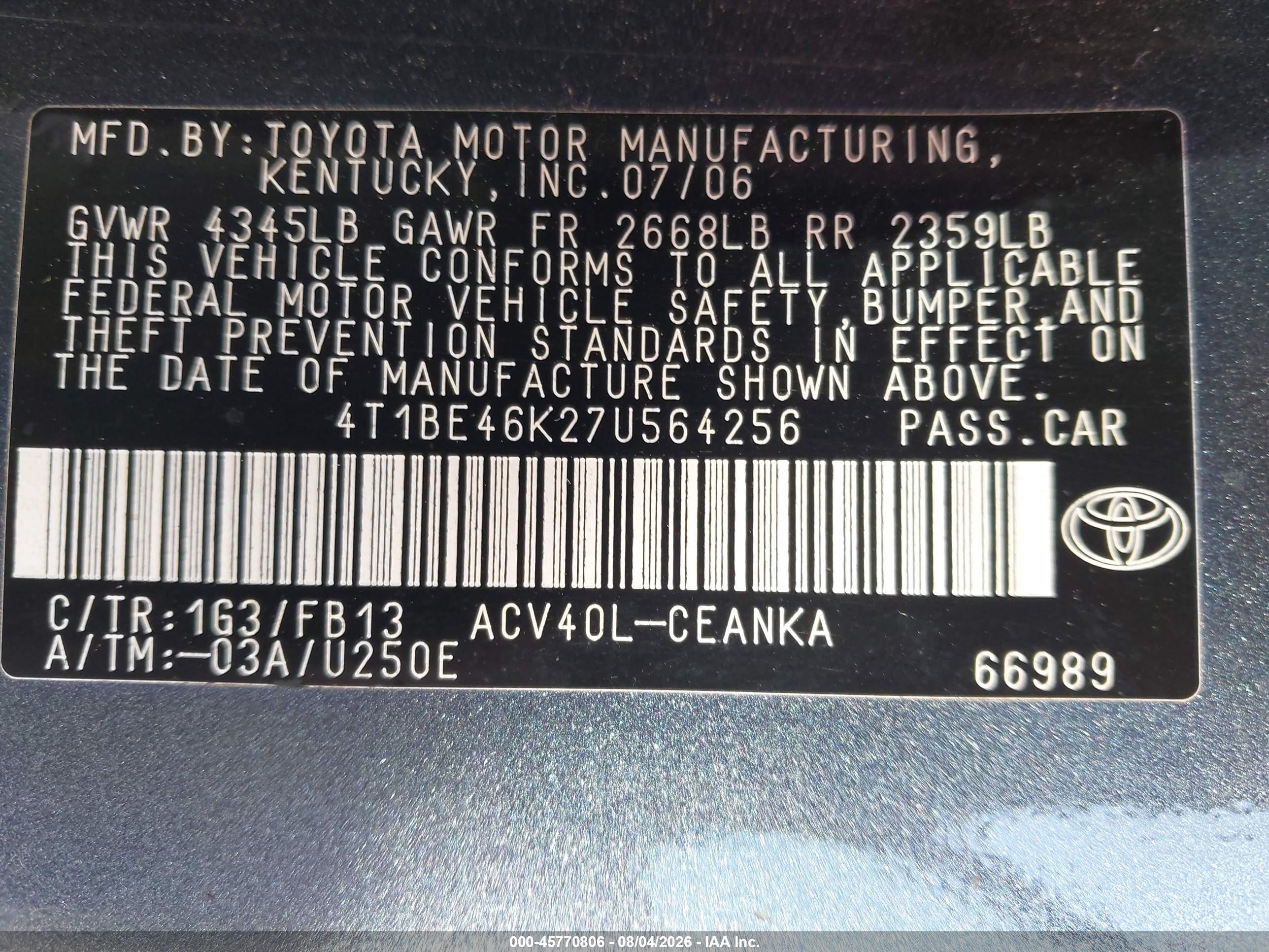 2007 Toyota Camry Le Gray vin: 4T1BE46K27U564256