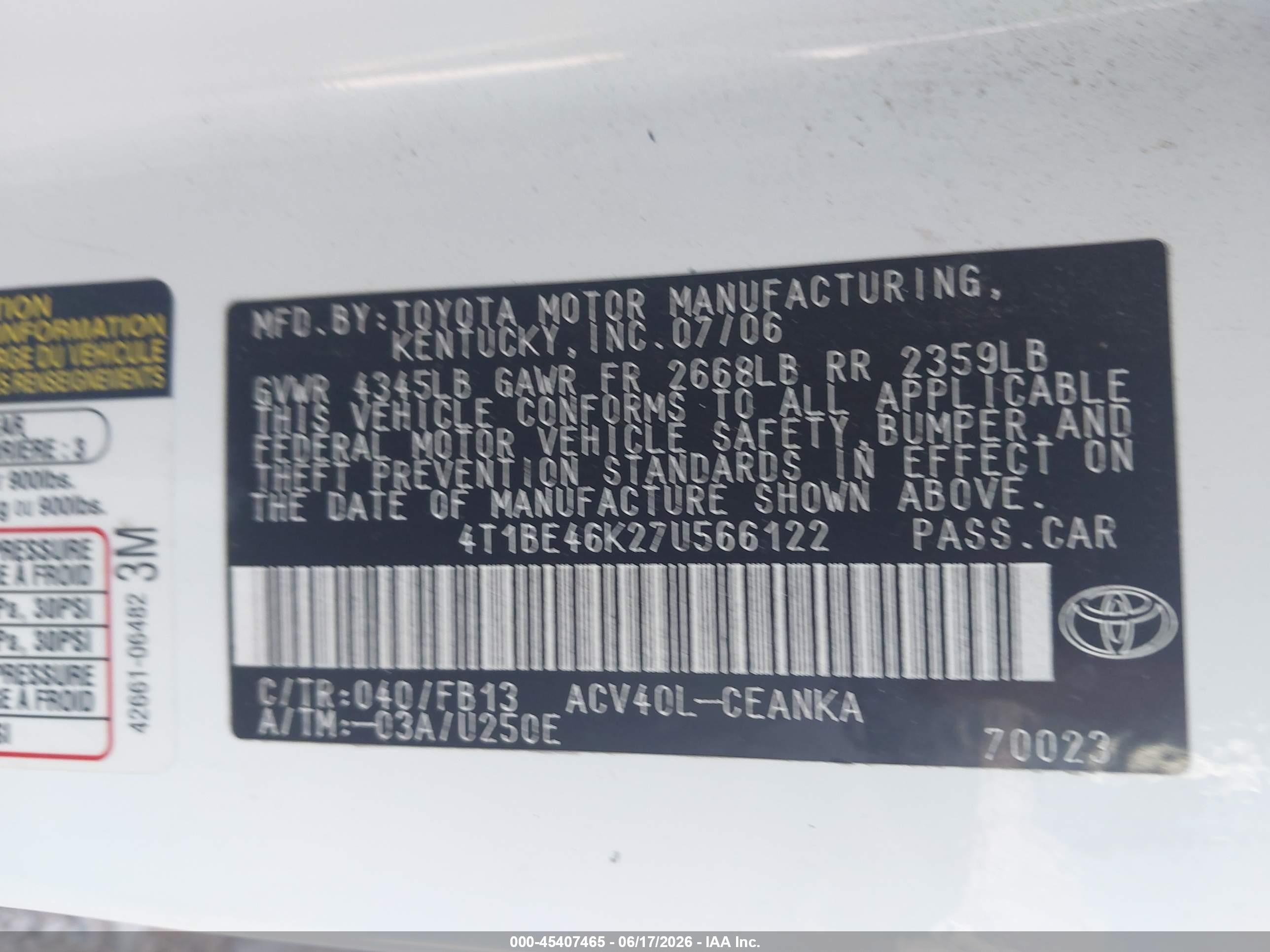 2007 Toyota Camry Le White vin: 4T1BE46K27U566122