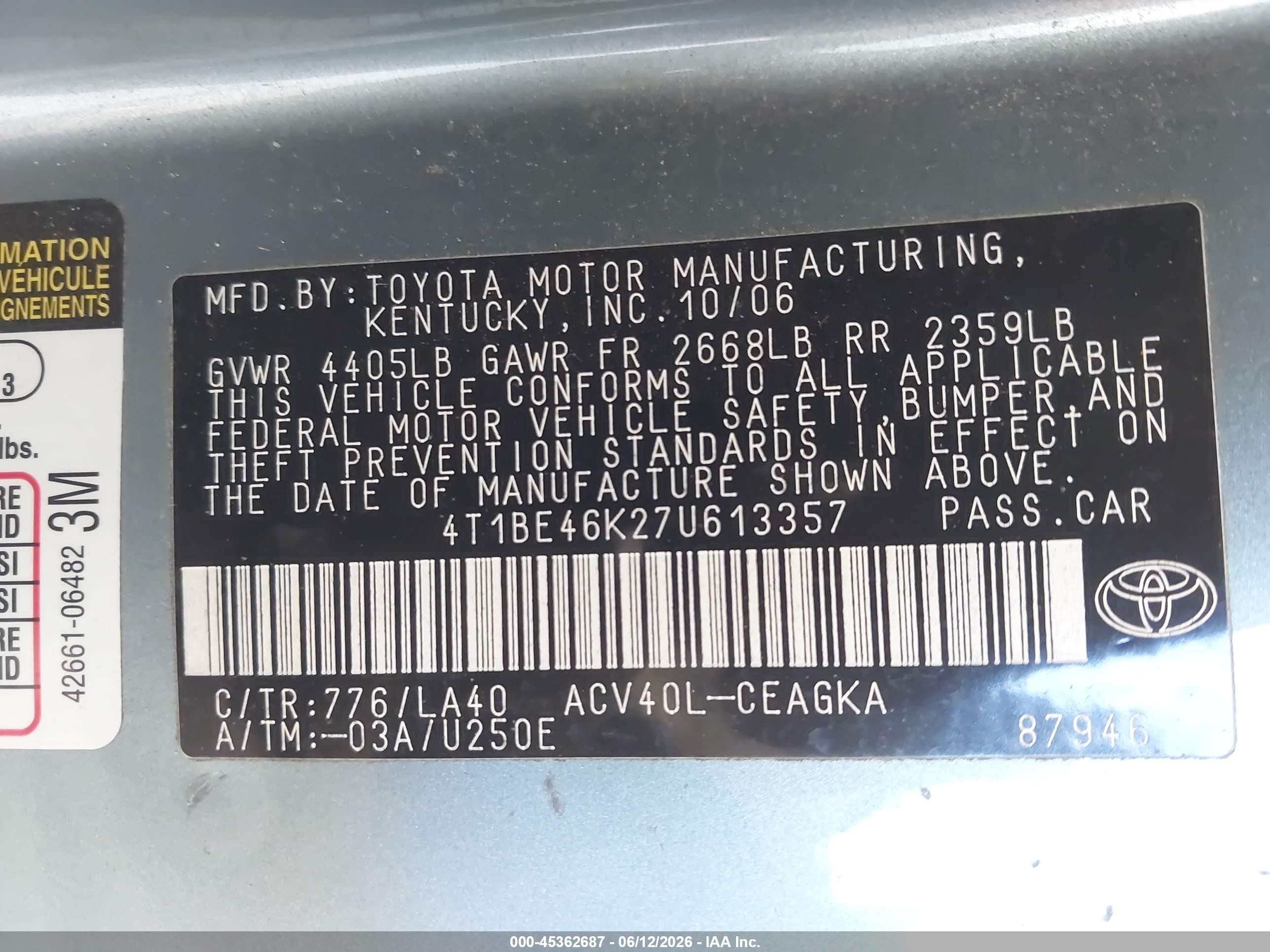 2007 Toyota Camry Xle Green vin: 4T1BE46K27U613357