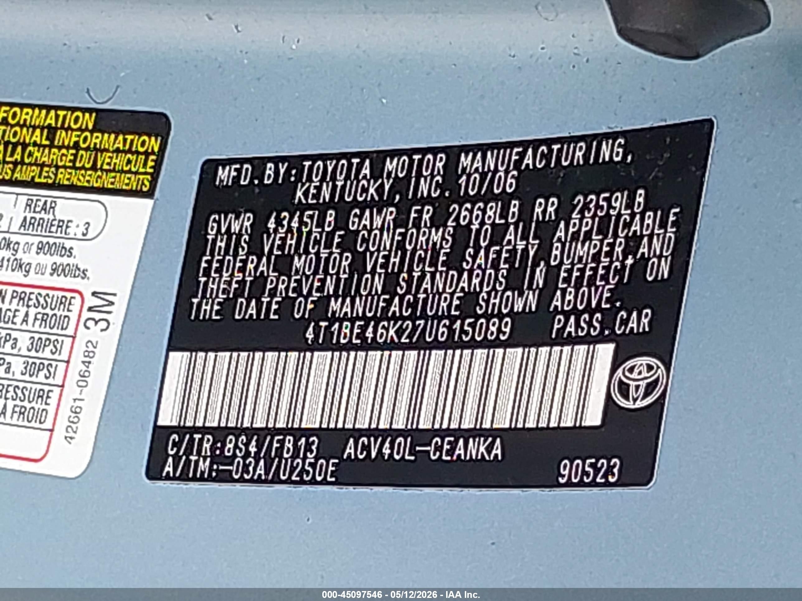 2007 Toyota Camry Le Blue vin: 4T1BE46K27U615089