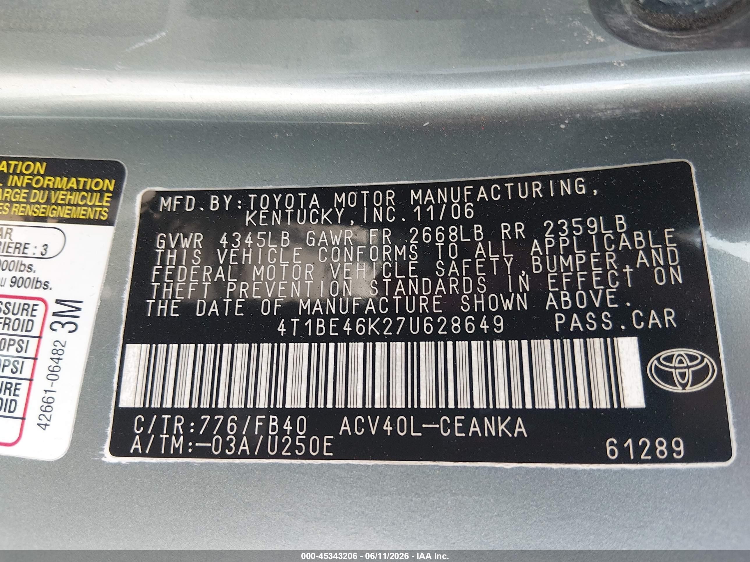 2007 Toyota Camry Le Green vin: 4T1BE46K27U628649