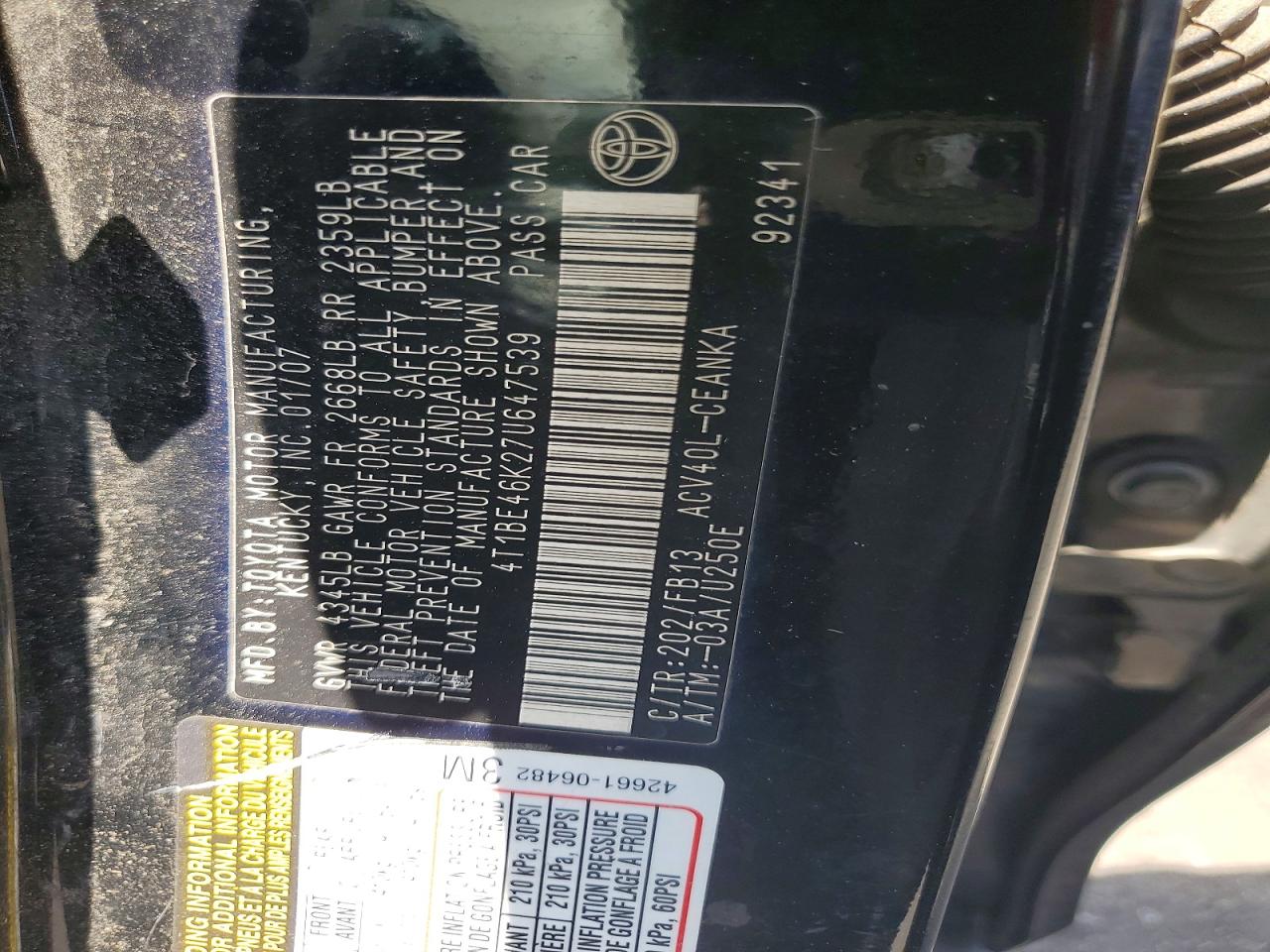 2007 Toyota Camry Ce Black vin: 4T1BE46K27U647539