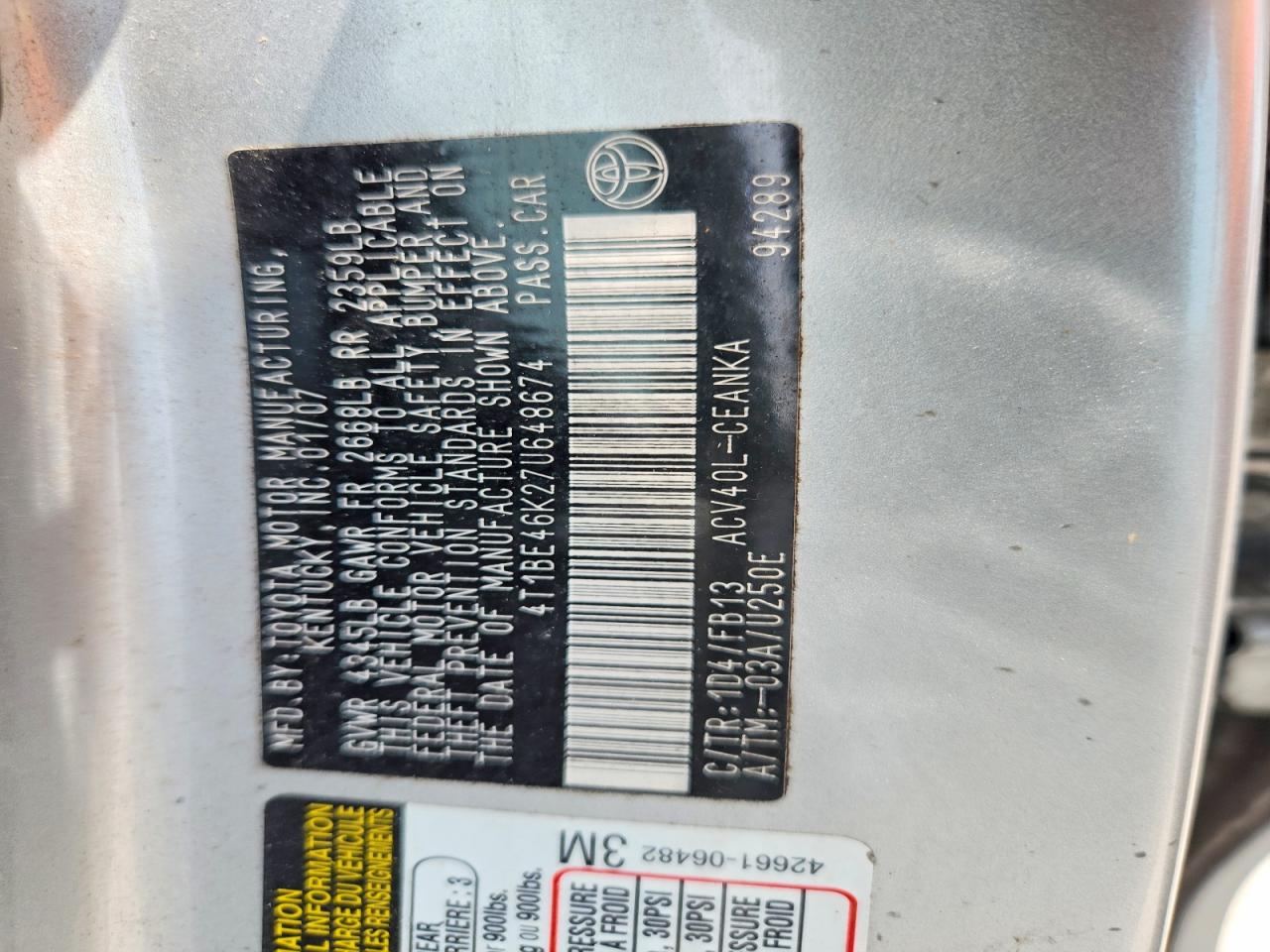 2007 Toyota Camry Le Silver vin: 4T1BE46K27U648674
