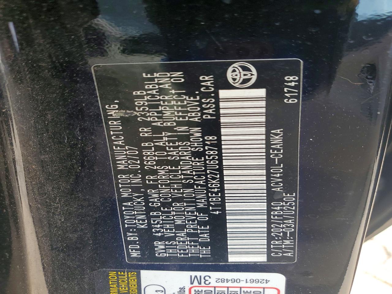 2007 Toyota Camry Le Black vin: 4T1BE46K27U658718