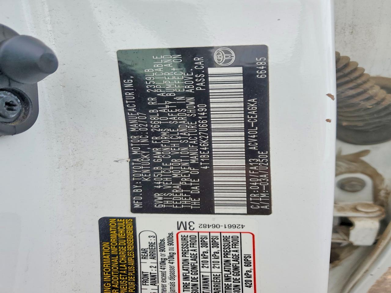 2007 Toyota Camry Xle White vin: 4T1BE46K27U661490