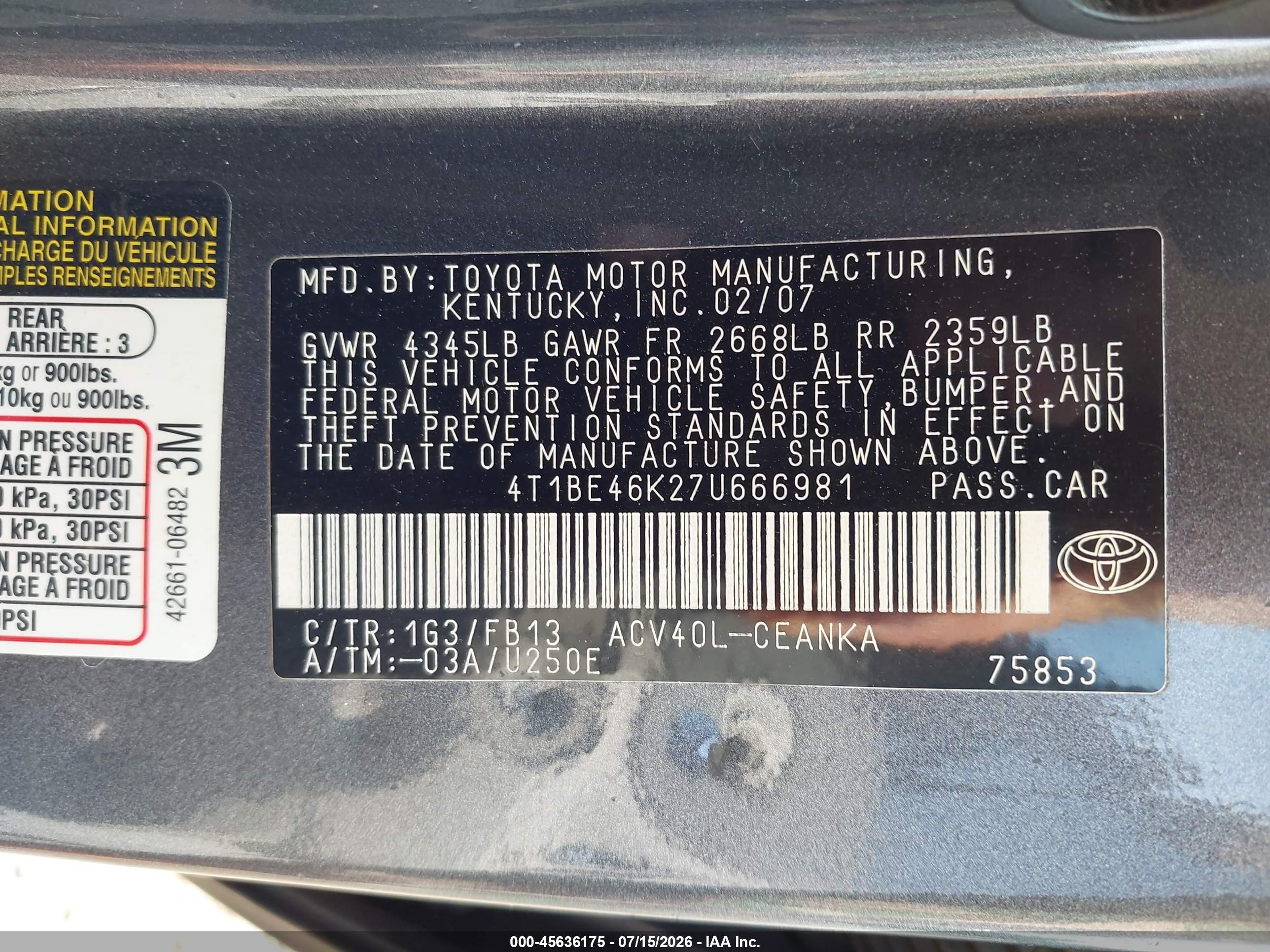 2007 Toyota Camry Le Gray vin: 4T1BE46K27U666981