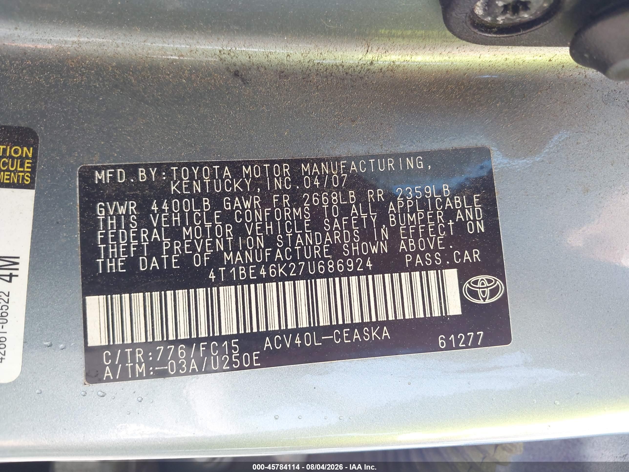 2007 Toyota Camry Se Light Blue vin: 4T1BE46K27U686924