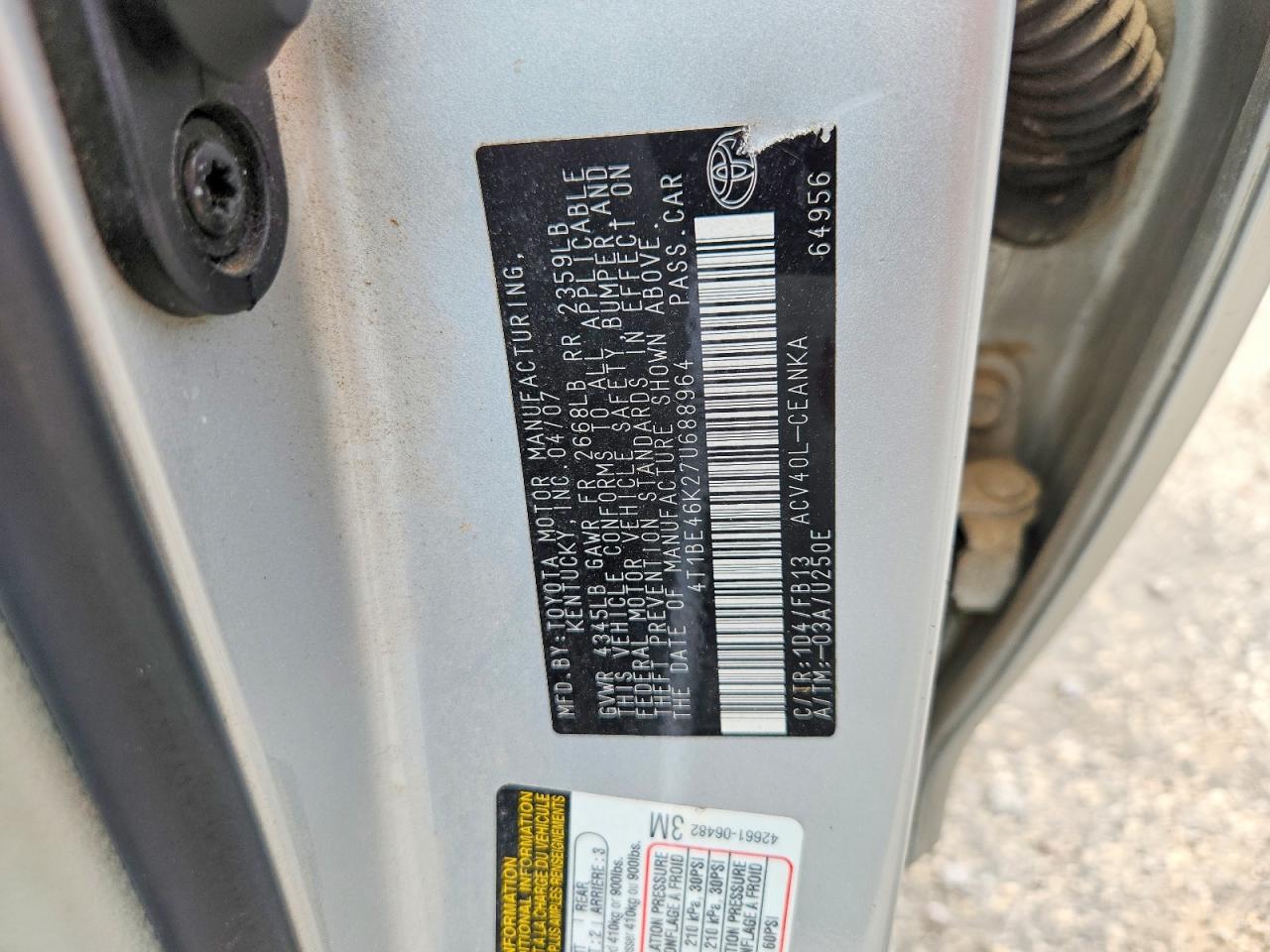 2007 Toyota Camry Le Серебряный vin: 4T1BE46K27U688964
