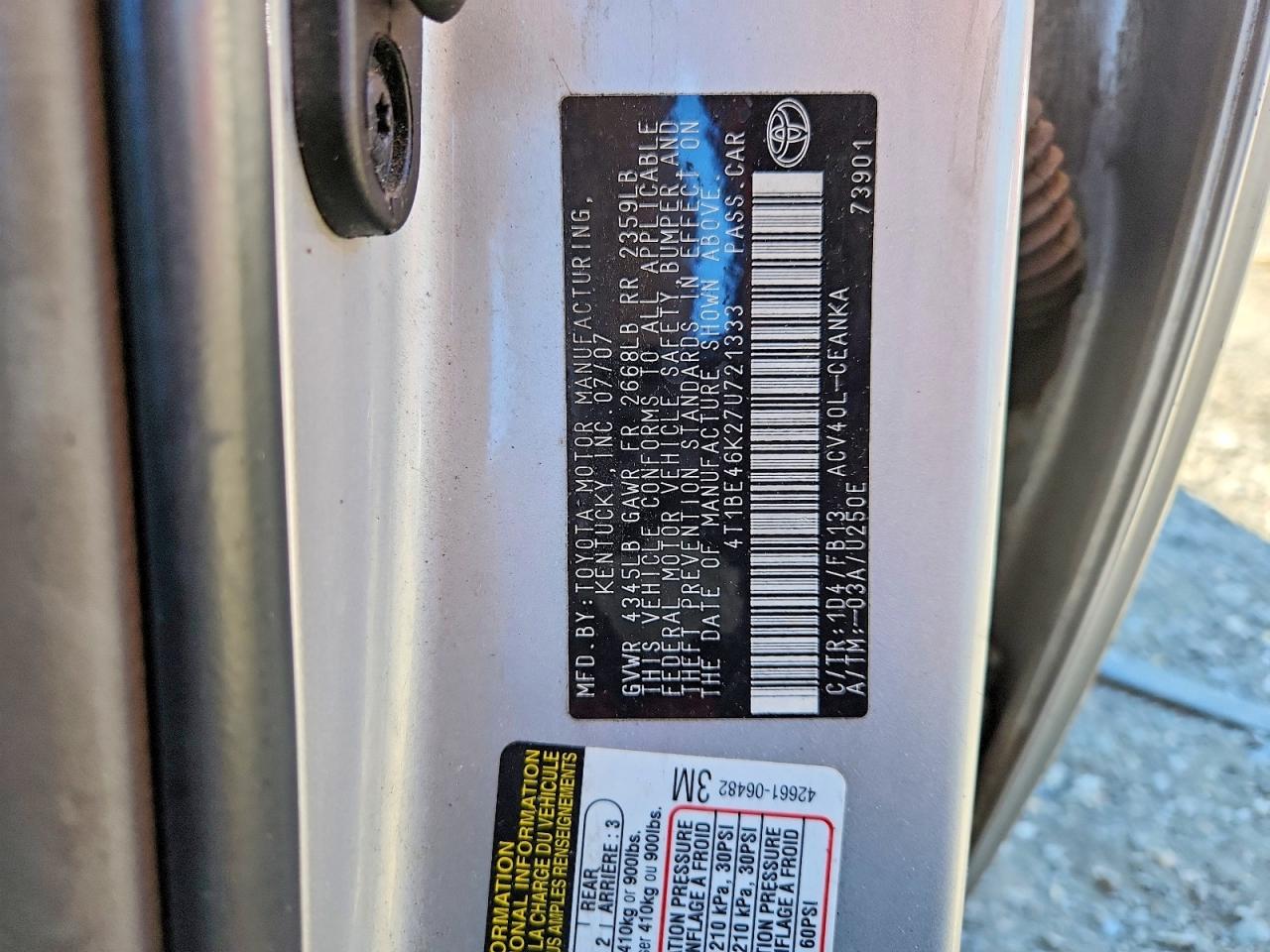2007 Toyota Camry Le Silver vin: 4T1BE46K27U721333
